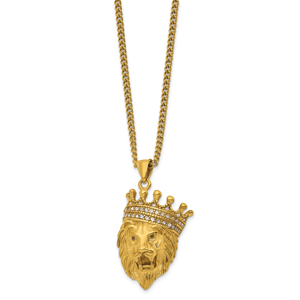 Men's Gold-Tone Polished Cubic Zirconia Crown Stainless Steel Curb Chain Necklace 3mm
