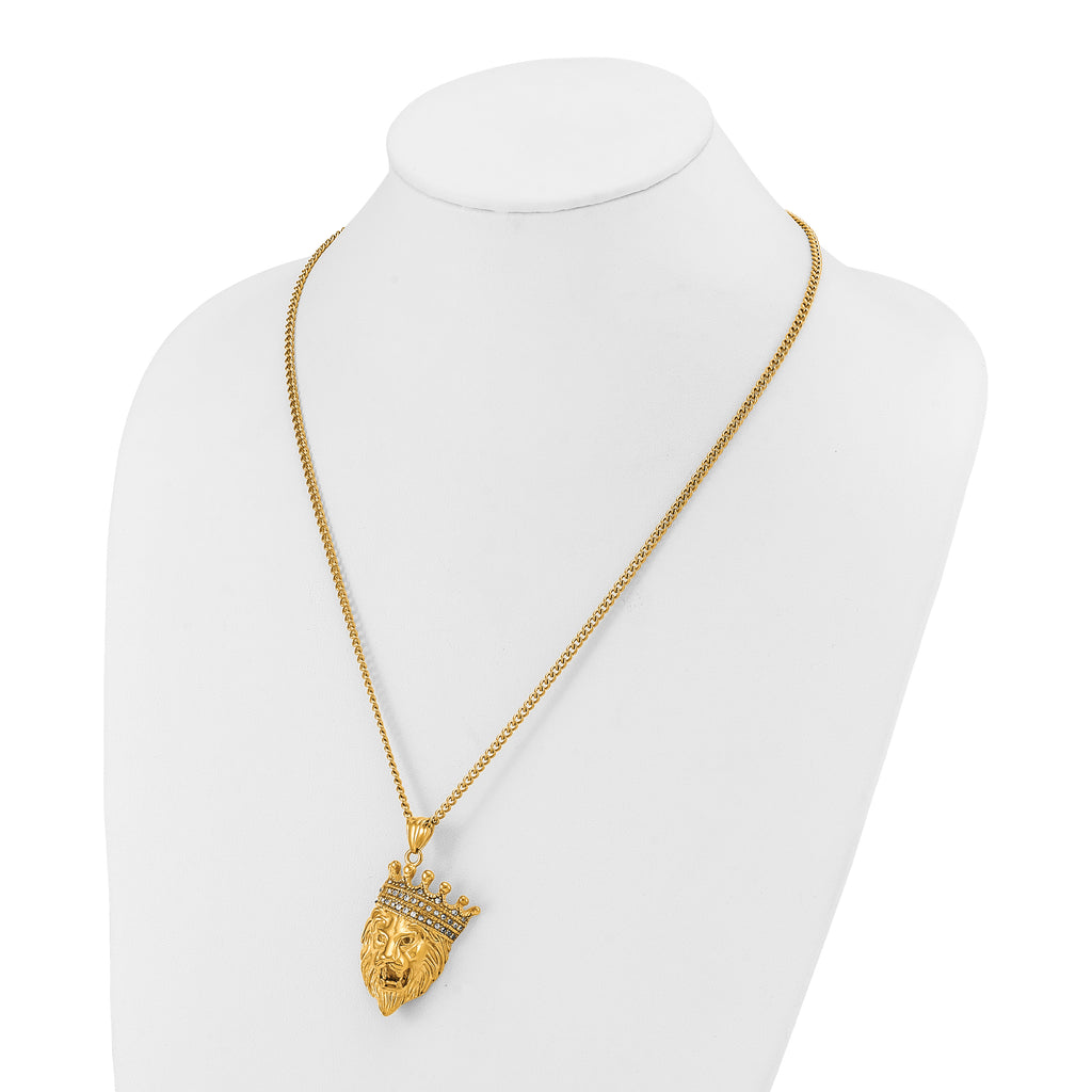 Men's Gold-Tone Polished Cubic Zirconia Crown Stainless Steel Curb Chain Necklace 3mm