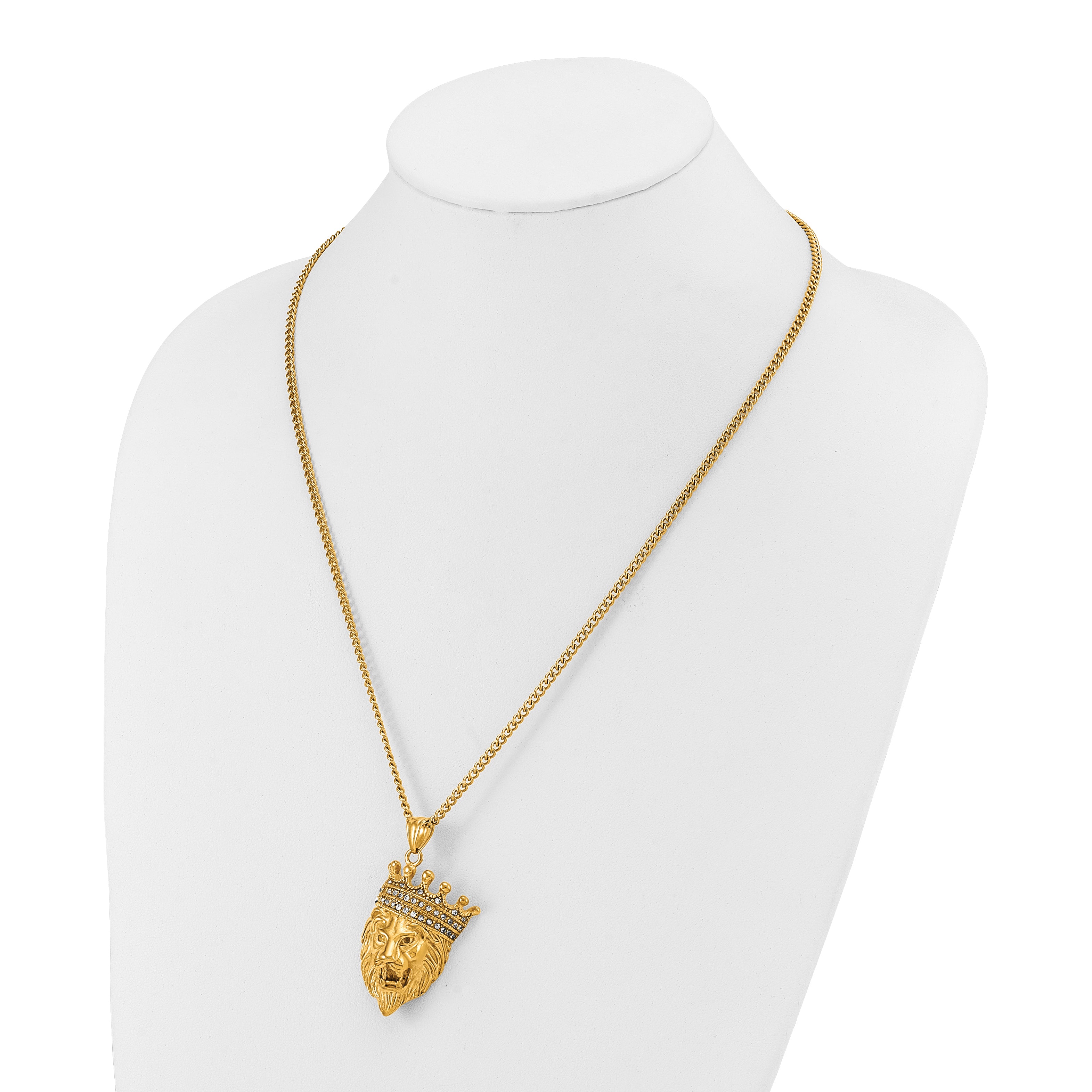 Men's Gold-Tone Polished Cubic Zirconia Crown Stainless Steel Curb Chain Necklace 3mm