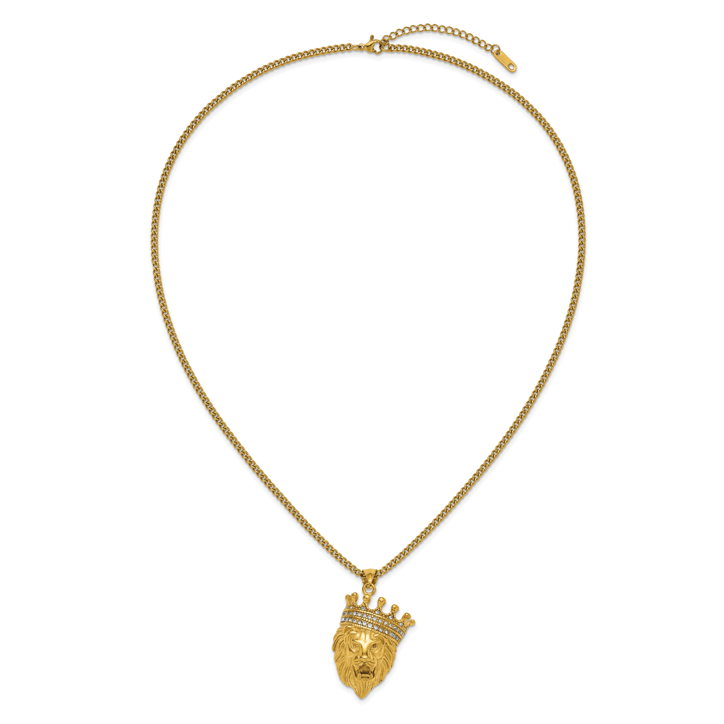 Men's Gold-Tone Polished Cubic Zirconia Crown Stainless Steel Curb Chain Necklace 3mm