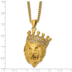 Men's Gold-Tone Polished Cubic Zirconia Crown Stainless Steel Curb Chain Necklace 3mm