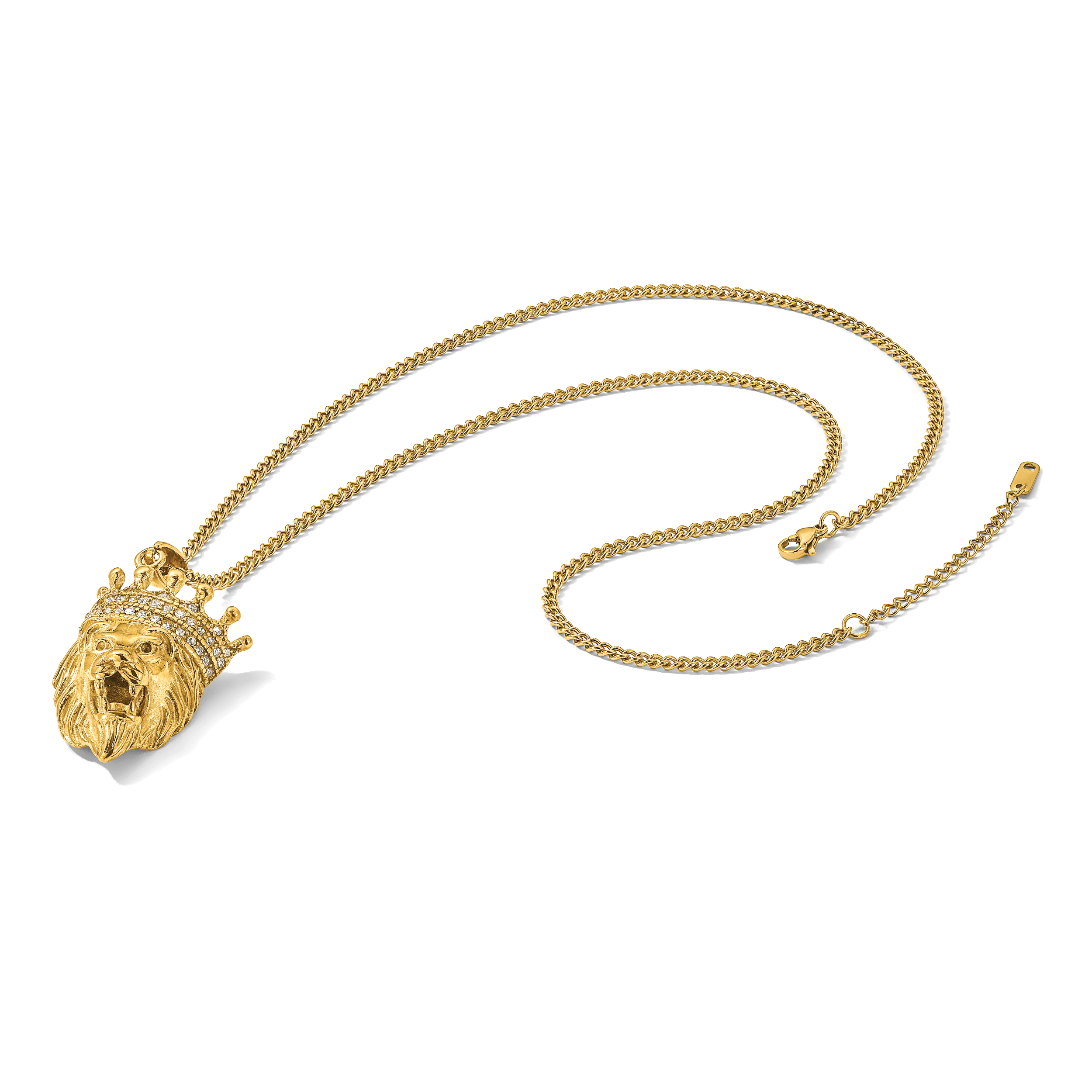 Men's Gold-Tone Polished Cubic Zirconia Crown Stainless Steel Curb Chain Necklace 3mm