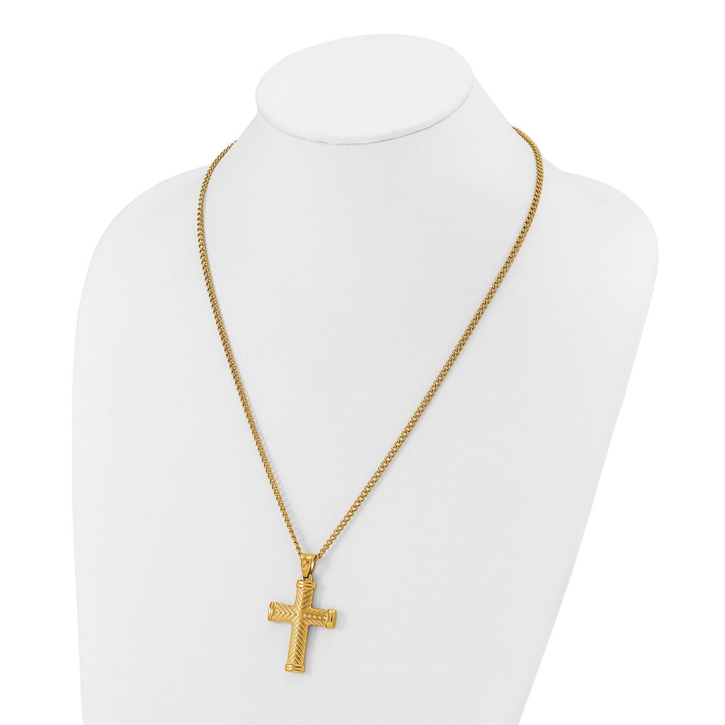 Men's Gold-Tone Polished Cross Stainless Steel Curb Chain Necklace 3mm