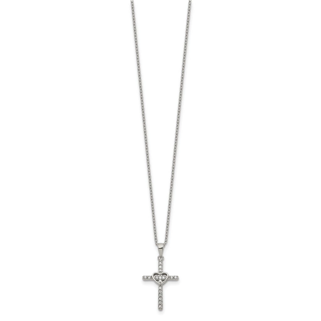 Polished Cubic Zirconia Cross Stainless Steel Cable Chain Necklace 1mm