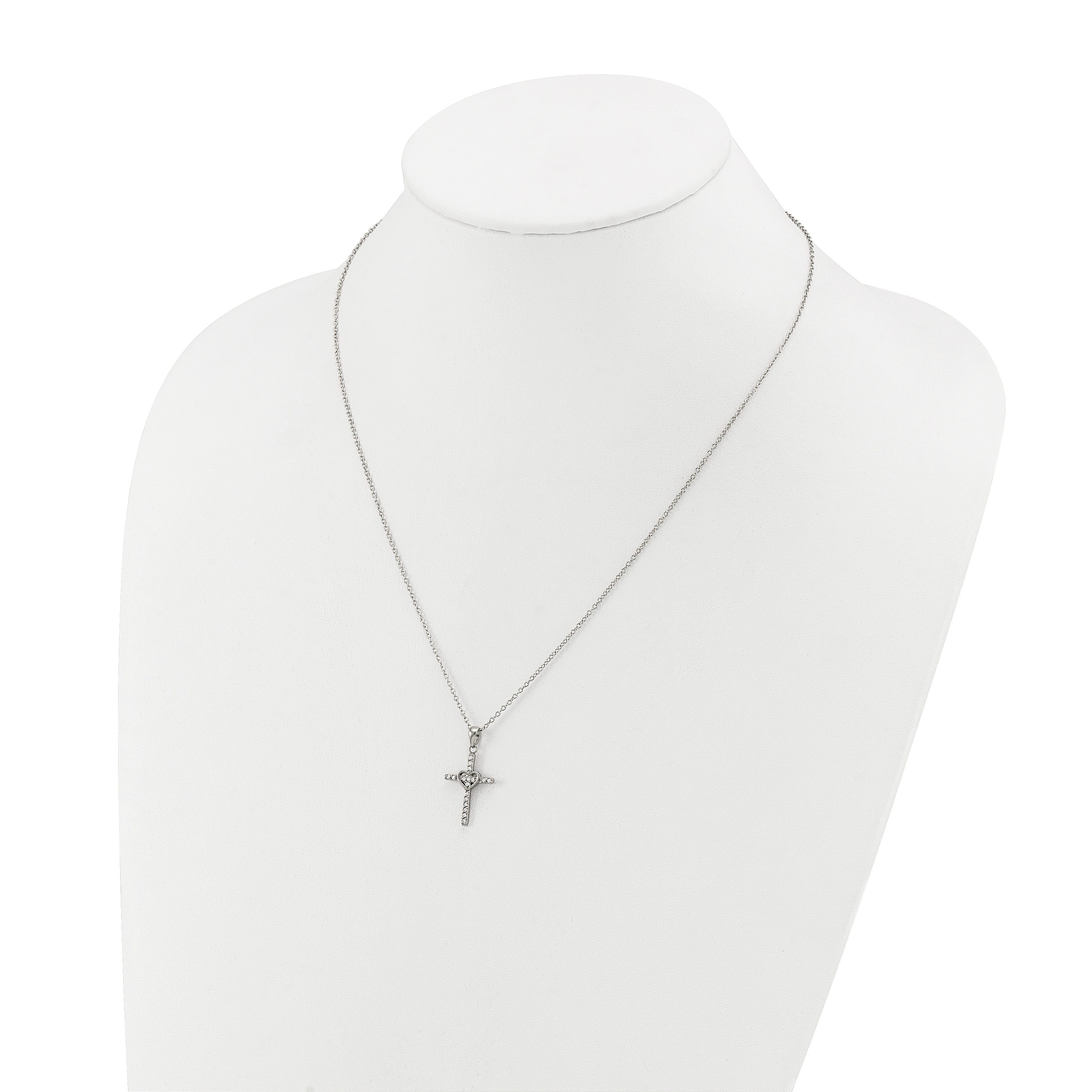 Polished Cubic Zirconia Cross Stainless Steel Cable Chain Necklace 1mm