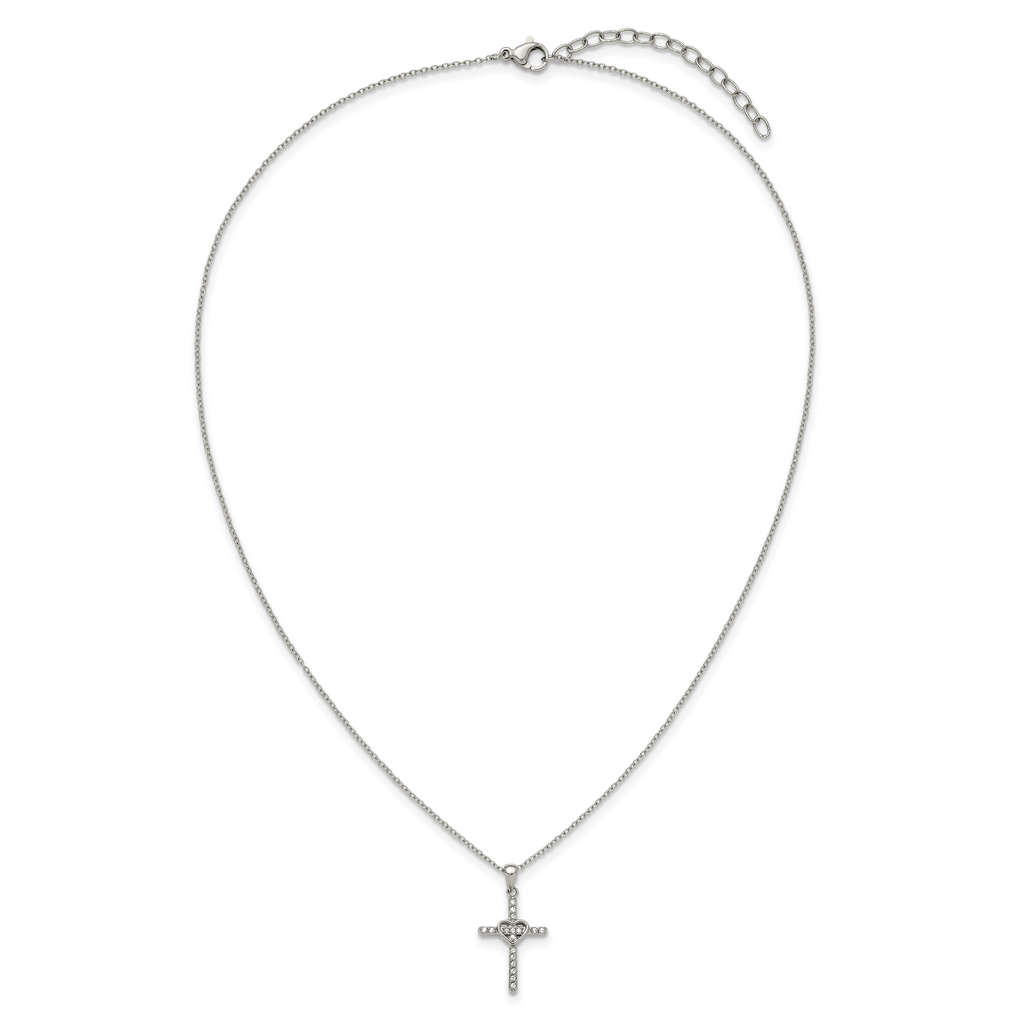 Polished Cubic Zirconia Cross Stainless Steel Cable Chain Necklace 1mm