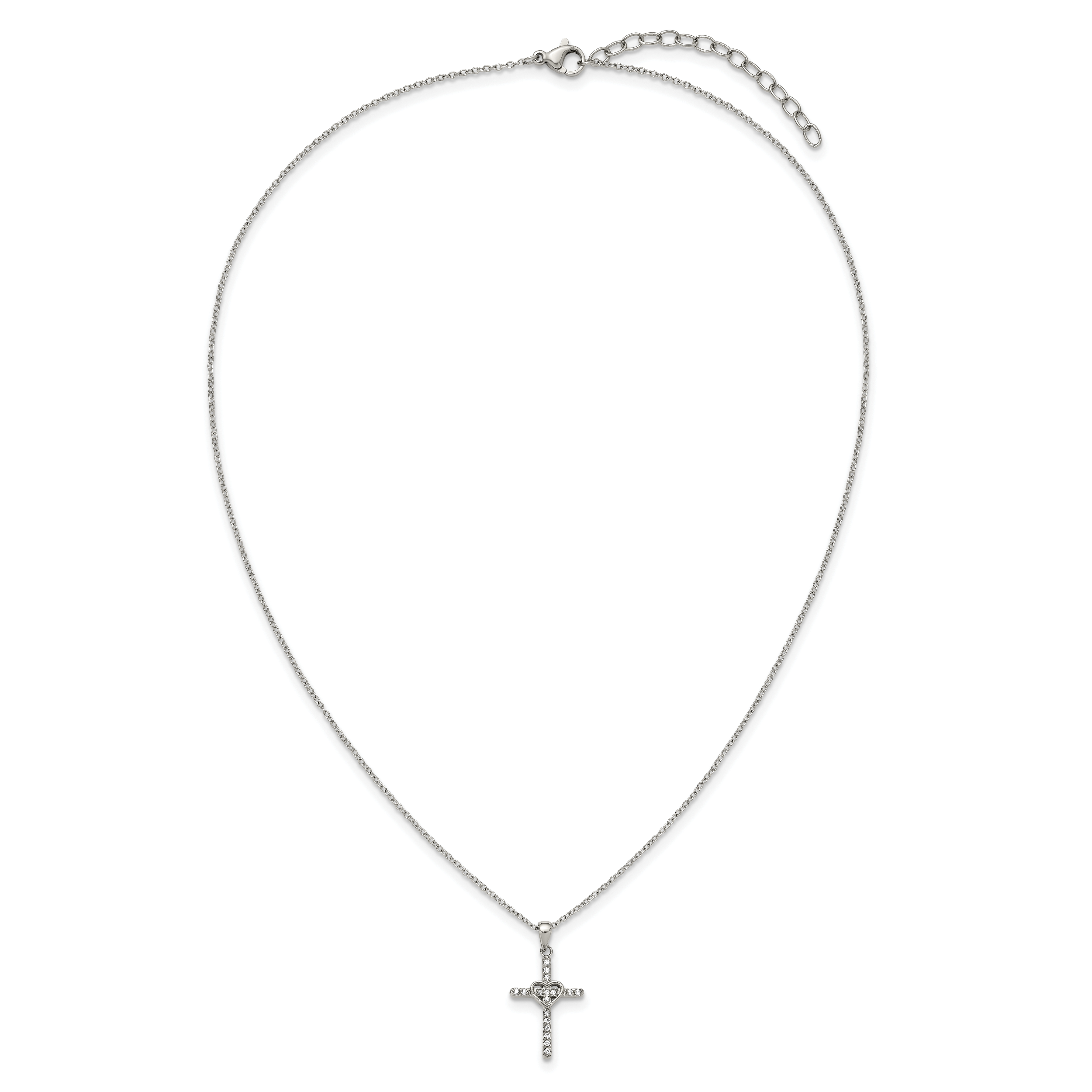 Polished Cubic Zirconia Cross Stainless Steel Cable Chain Necklace 1mm