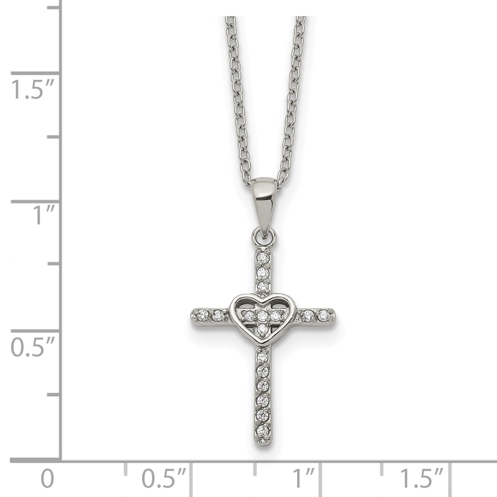Polished Cubic Zirconia Cross Stainless Steel Cable Chain Necklace 1mm