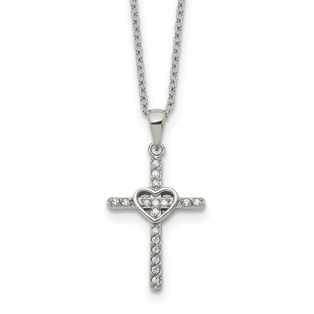 Polished Cubic Zirconia Cross Stainless Steel Cable Chain Necklace 1mm