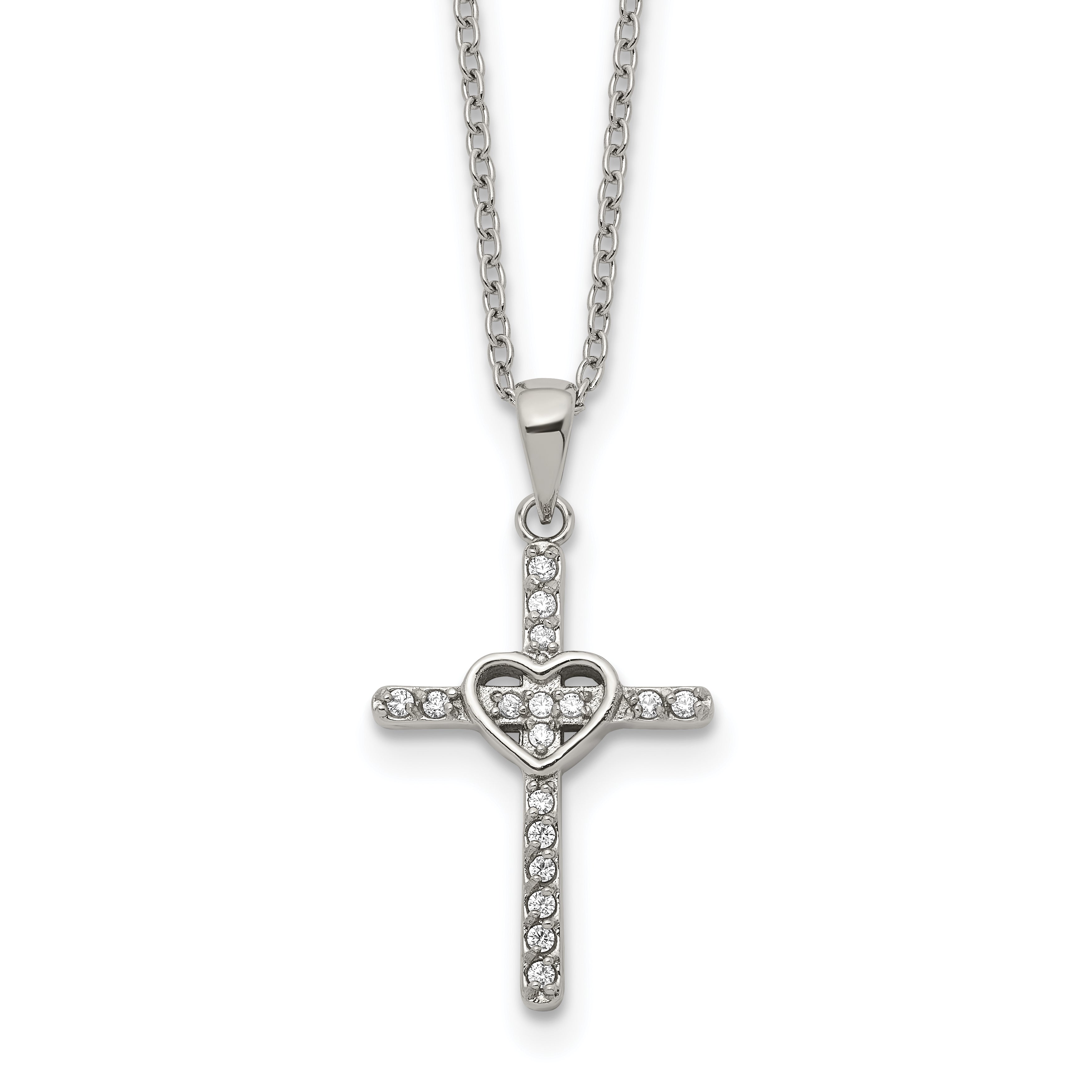 Polished Cubic Zirconia Cross Stainless Steel Cable Chain Necklace 1mm