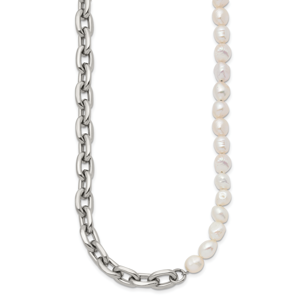 Polished Pearl Stainless Steel Cable Chain Necklace 8mm