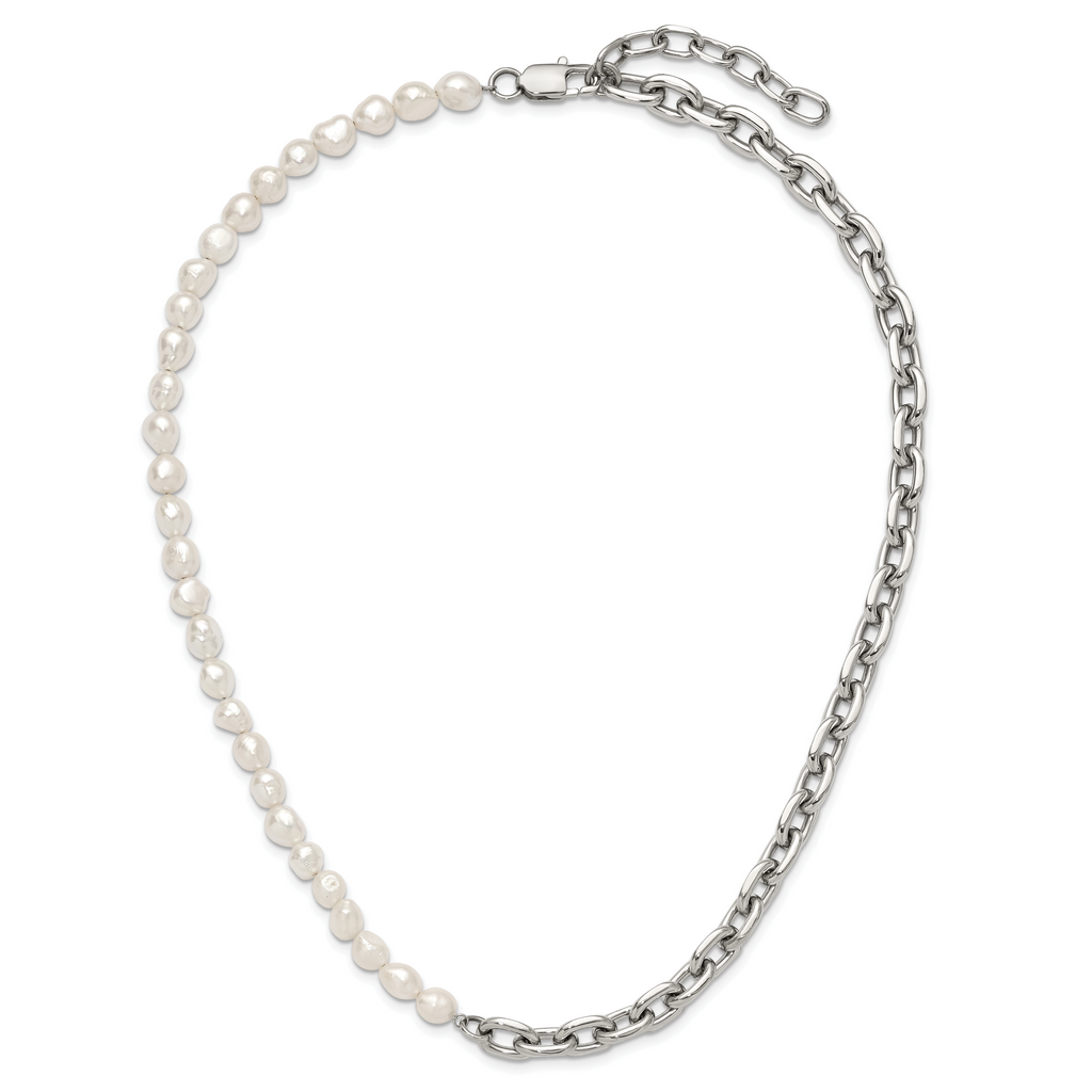 Polished Pearl Stainless Steel Cable Chain Necklace 8mm