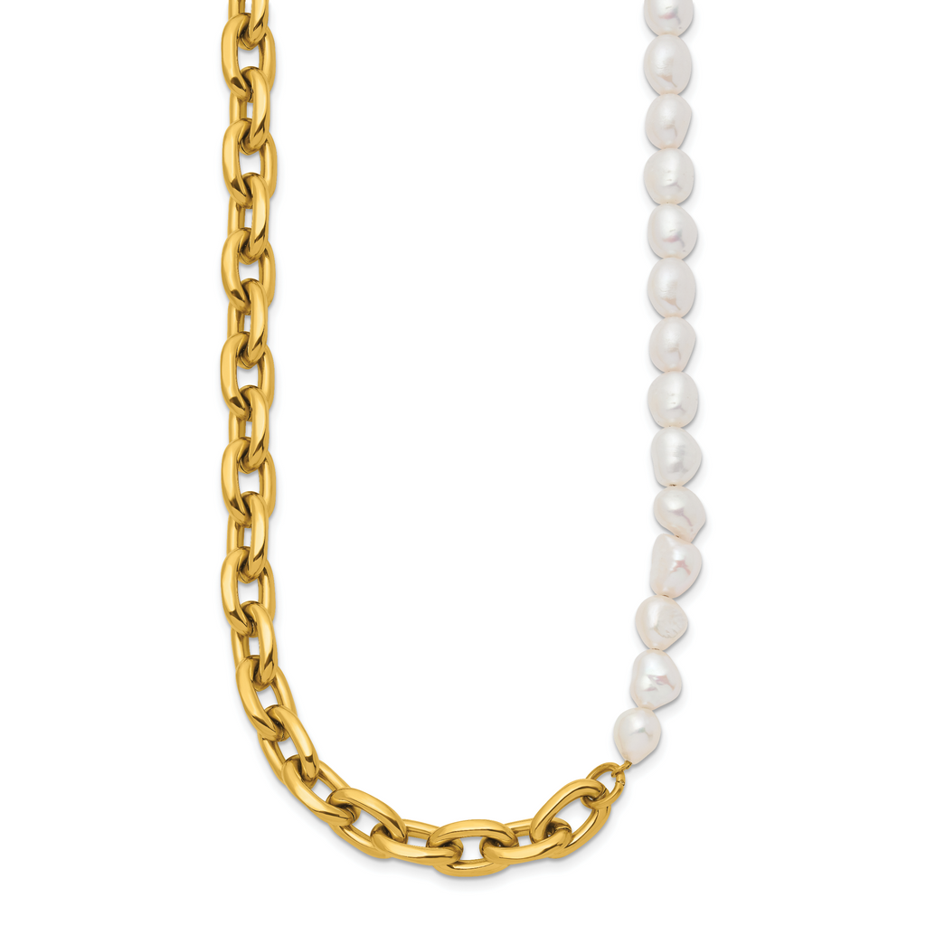 Gold-Tone Polished Pearl Stainless Steel Cable Chain Necklace 8mm
