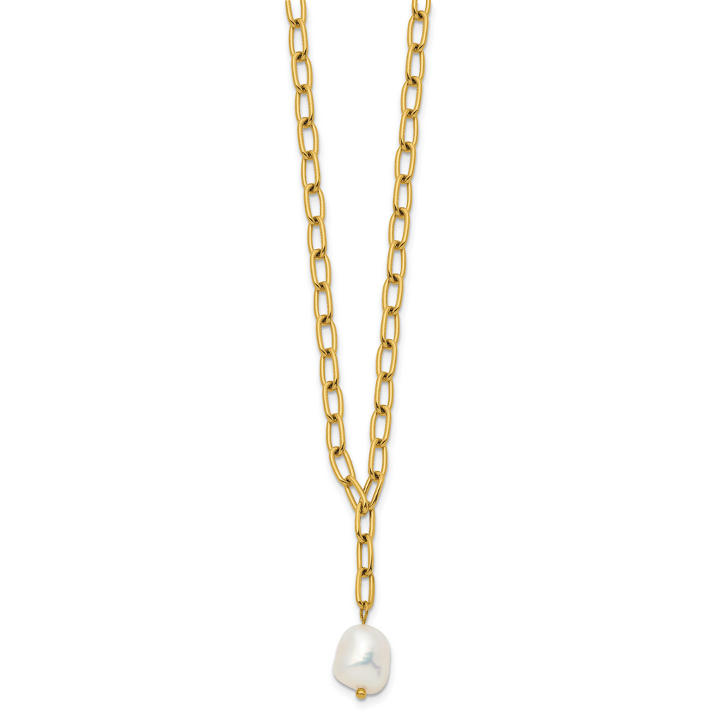 Gold-Tone Polished Freshwater Cultured Pearl Stainless Steel Cable Chain Necklace 3.8mm