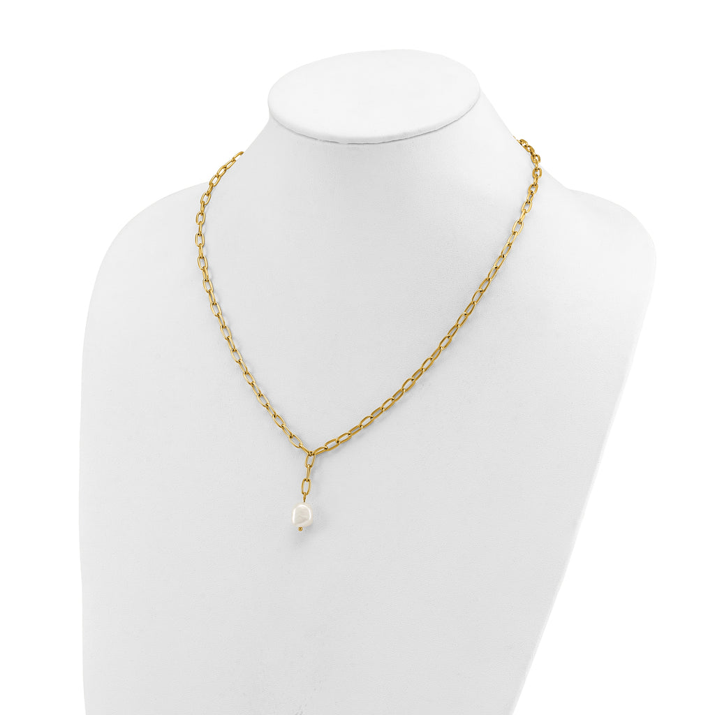 Gold-Tone Polished Freshwater Cultured Pearl Stainless Steel Cable Chain Necklace 3.8mm
