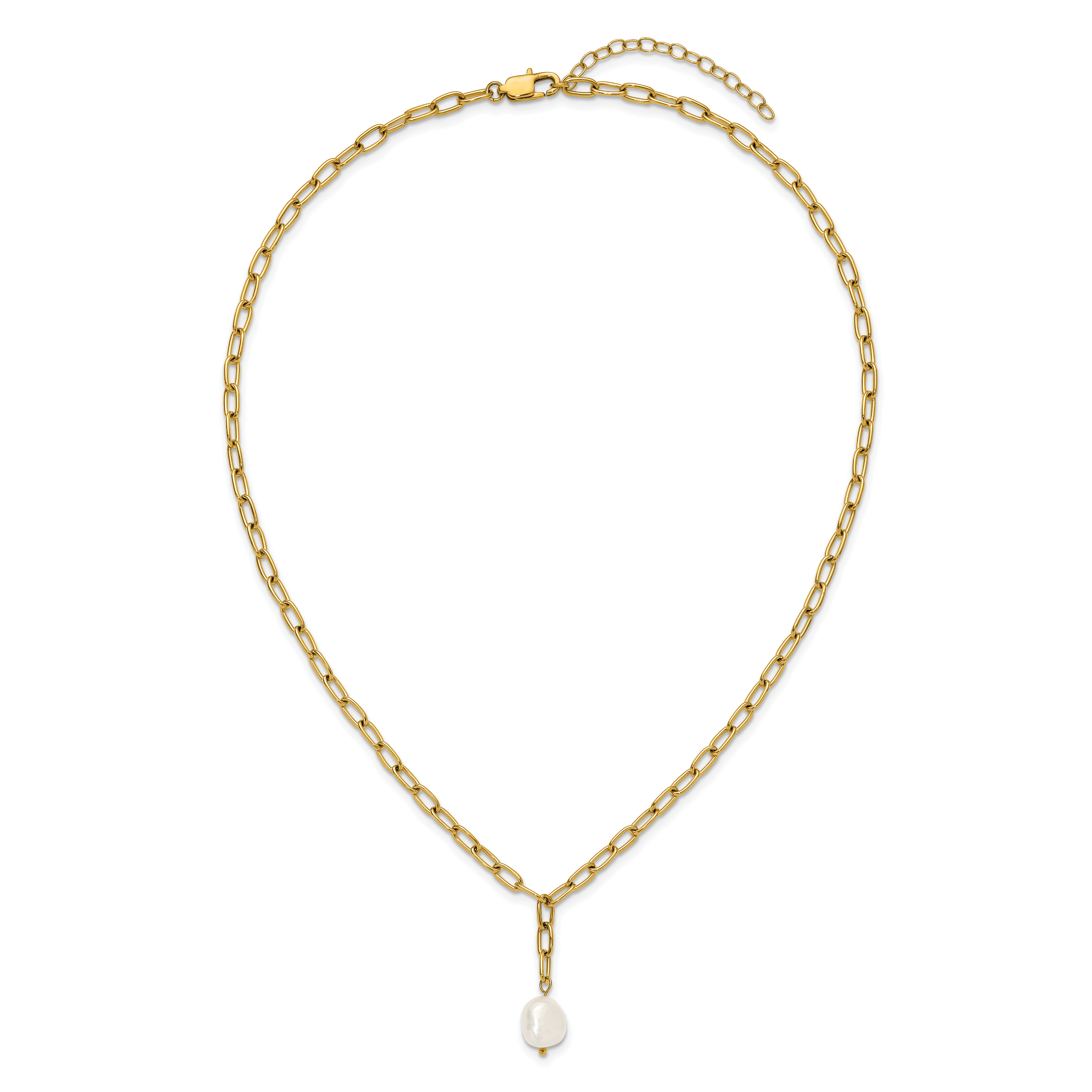 Gold-Tone Polished Freshwater Cultured Pearl Stainless Steel Cable Chain Necklace 3.8mm