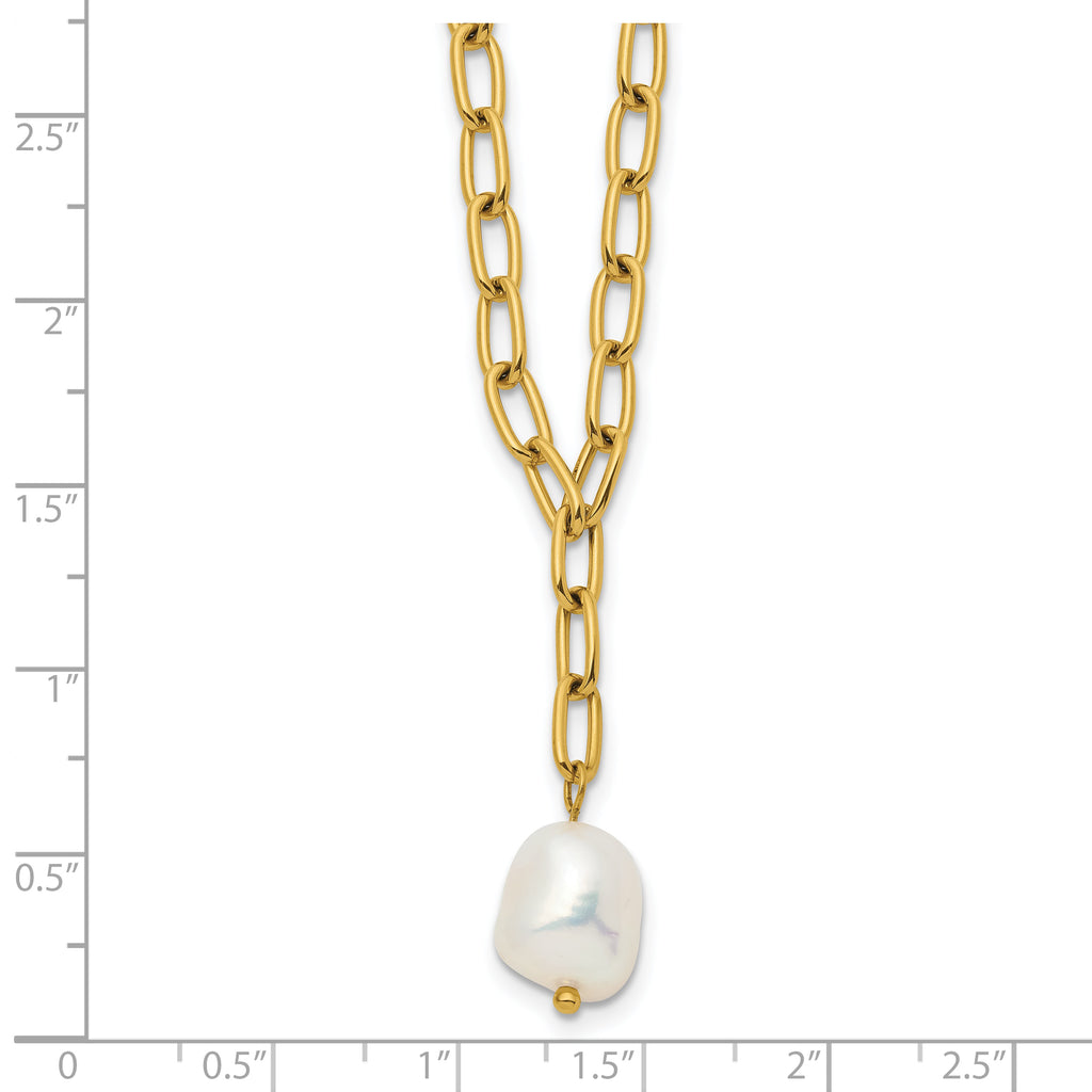 Gold-Tone Polished Freshwater Cultured Pearl Stainless Steel Cable Chain Necklace 3.8mm