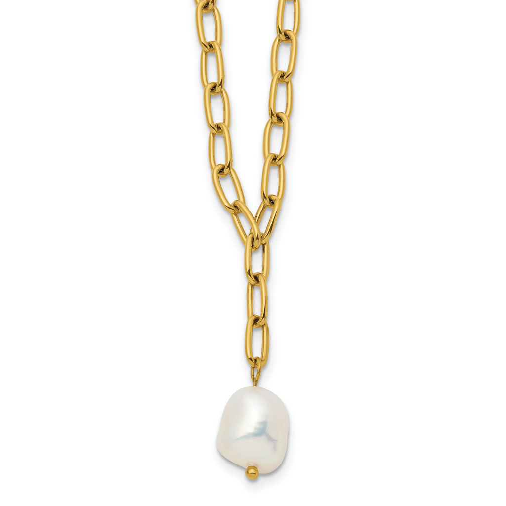 Gold-Tone Polished Freshwater Cultured Pearl Stainless Steel Cable Chain Necklace 3.8mm