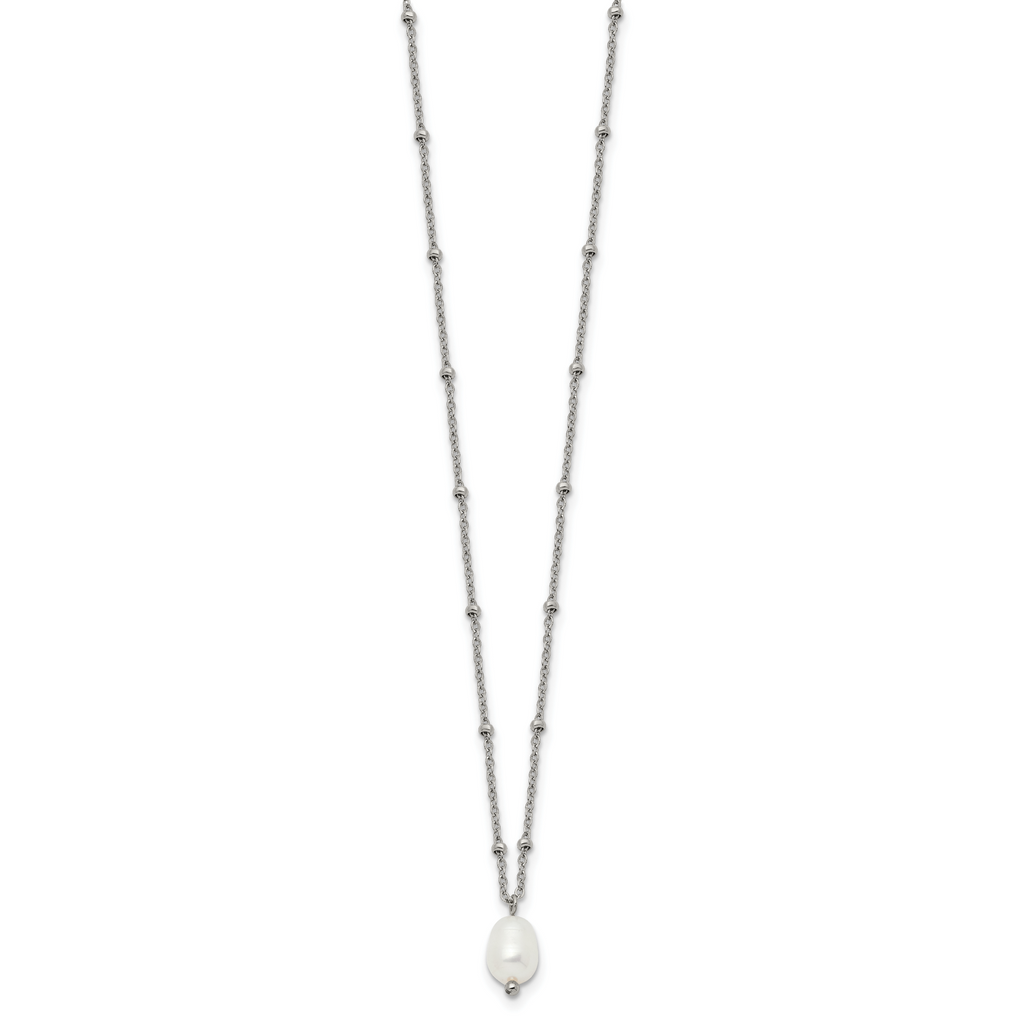 Polished Simulated Pearl Stainless Steel Cable Chain Necklace 2mm