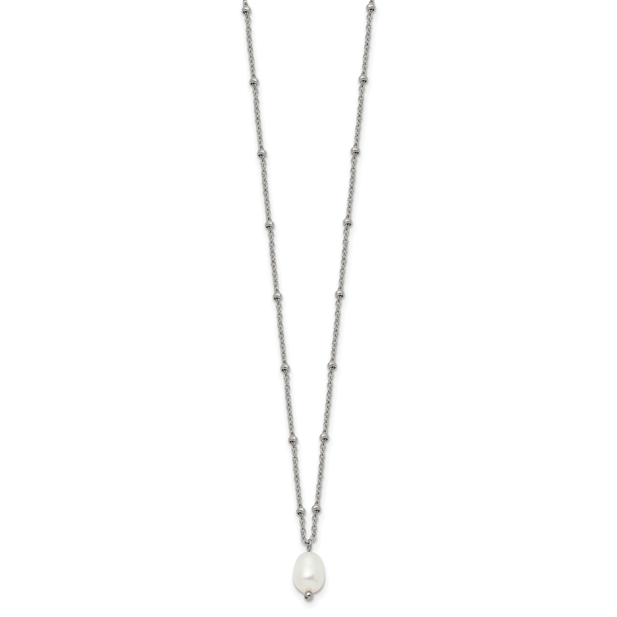 Polished Simulated Pearl Stainless Steel Cable Chain Necklace 2mm