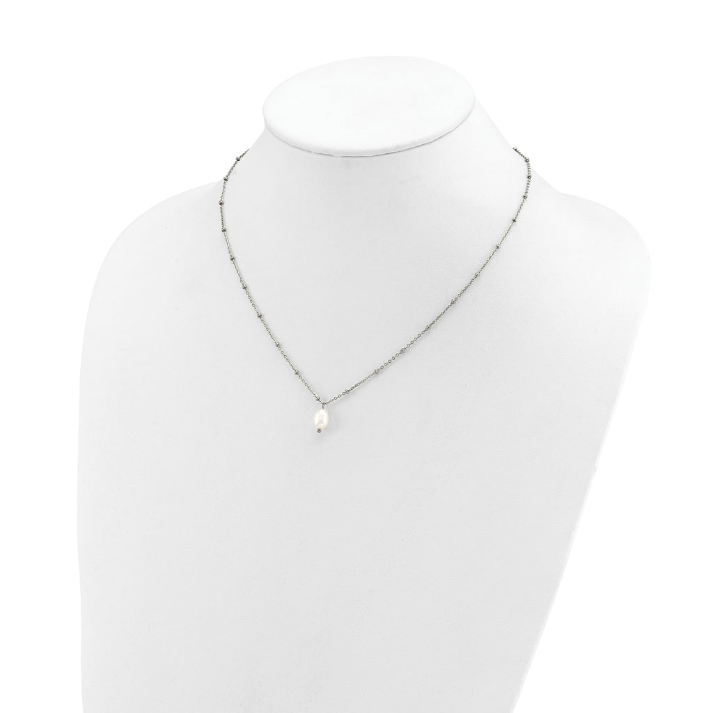 Polished Simulated Pearl Stainless Steel Cable Chain Necklace 2mm