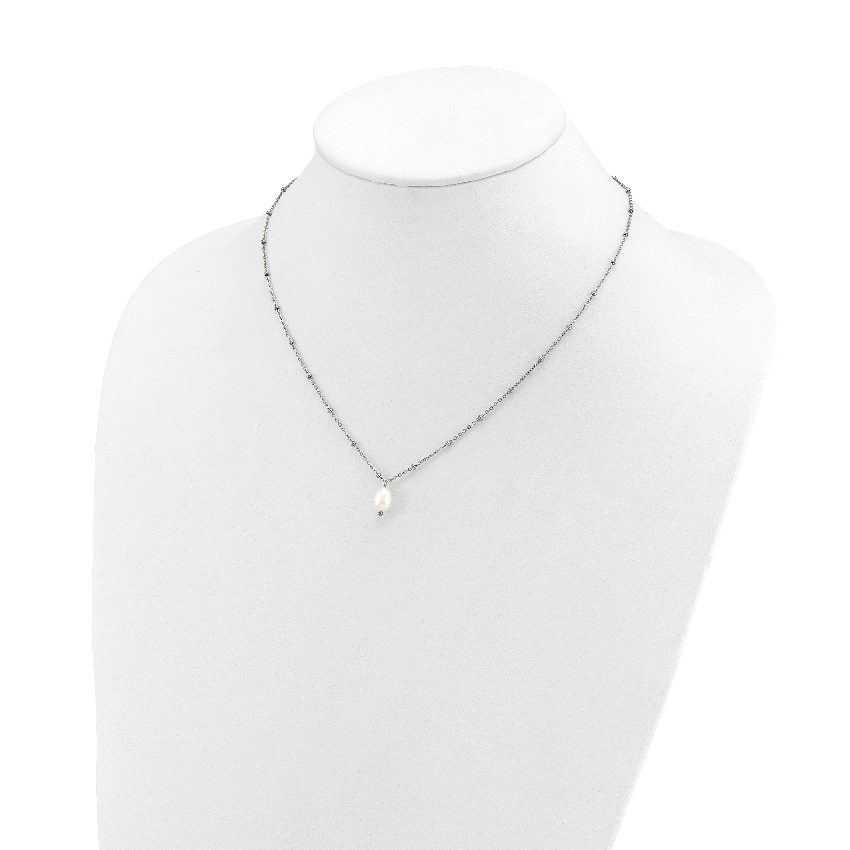 Polished Simulated Pearl Stainless Steel Cable Chain Necklace 2mm