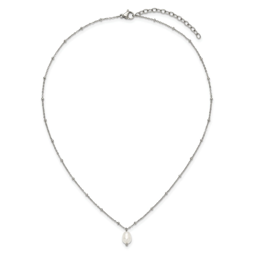 Polished Simulated Pearl Stainless Steel Cable Chain Necklace 2mm