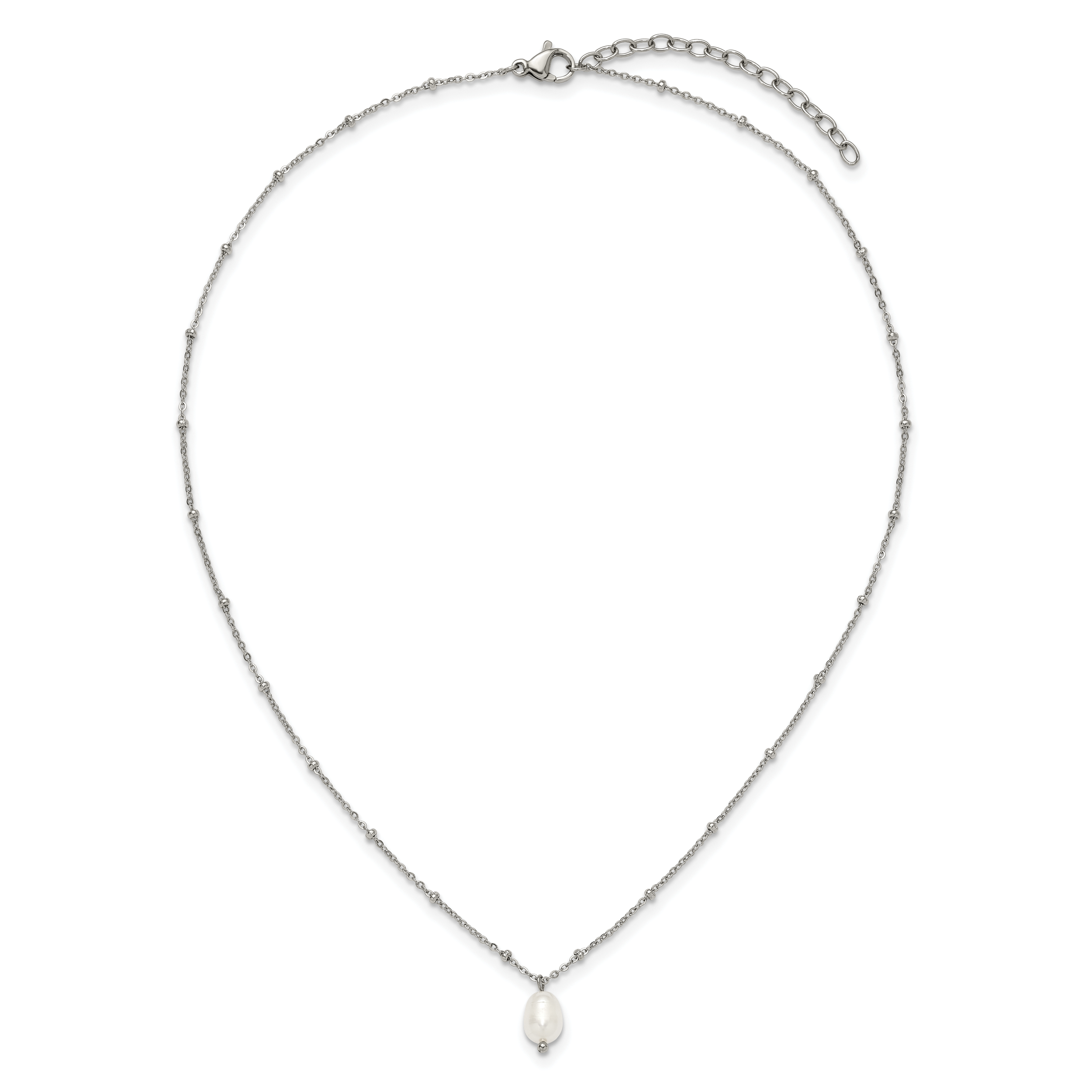 Polished Simulated Pearl Stainless Steel Cable Chain Necklace 2mm
