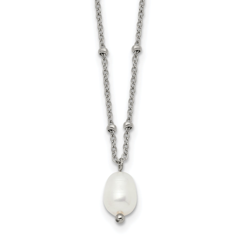 Polished Simulated Pearl Stainless Steel Cable Chain Necklace 2mm