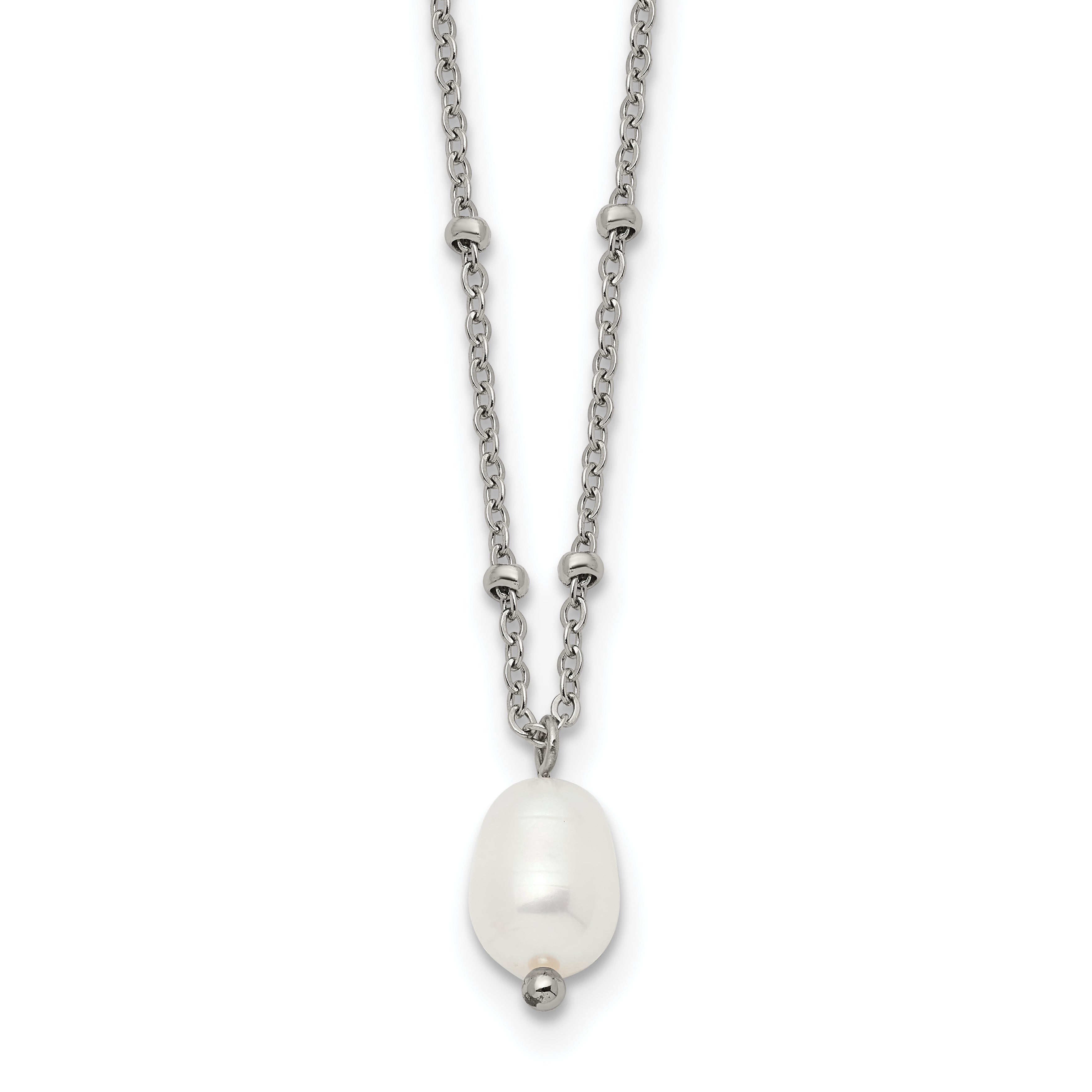 Polished Simulated Pearl Stainless Steel Cable Chain Necklace 2mm