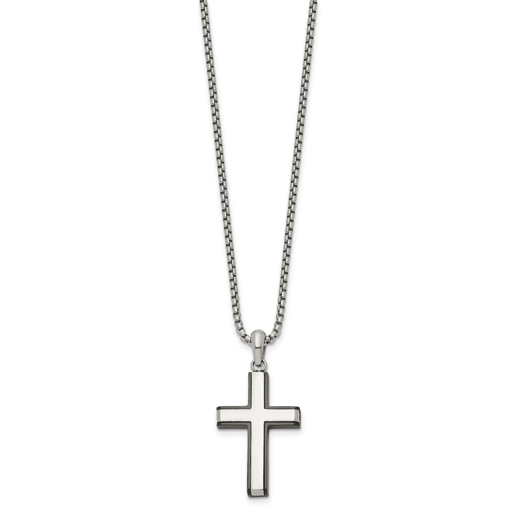 Men's Black Ion-Plated Polished Cross Stainless Steel Box Chain Necklace 2mm