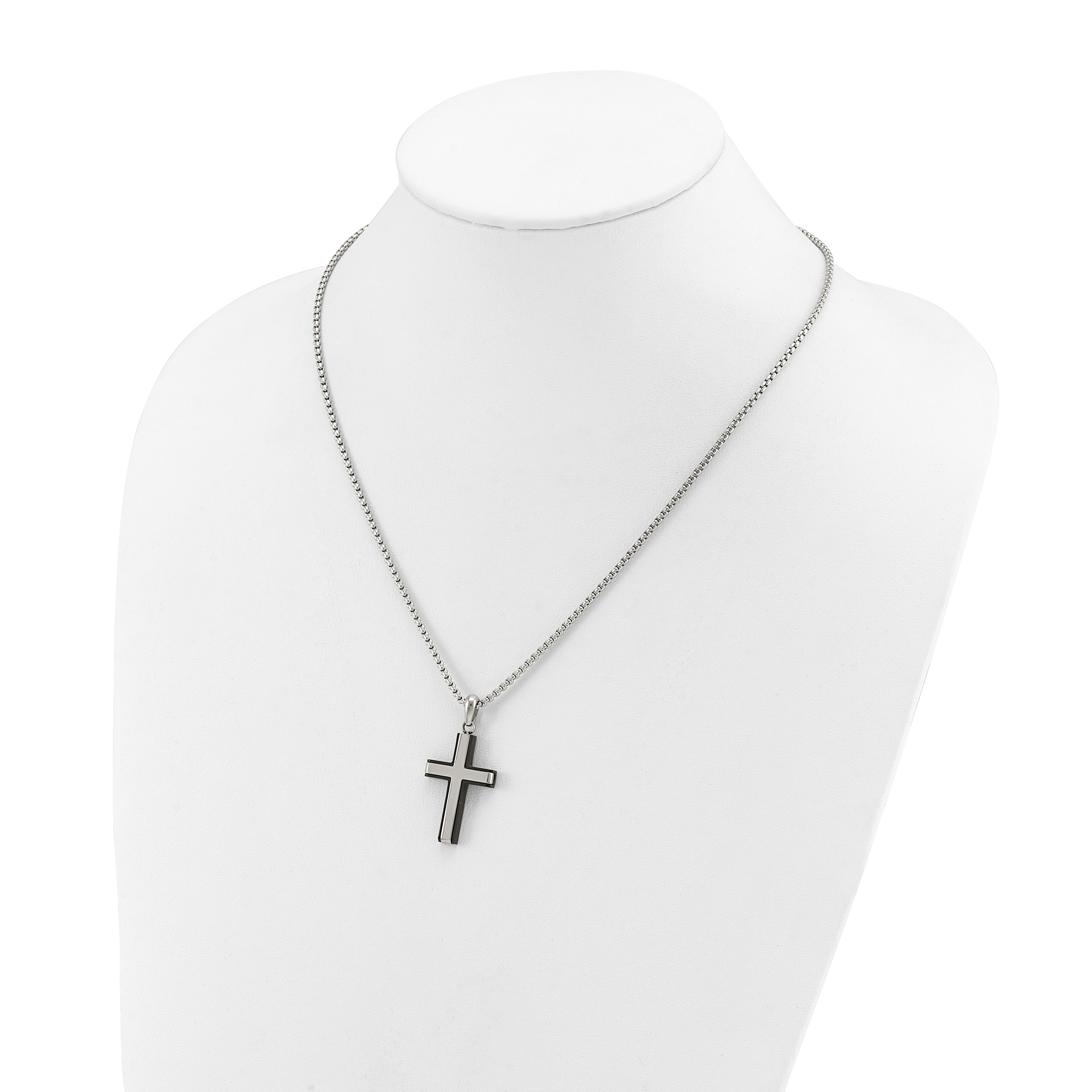 Men's Black Ion-Plated Polished Cross Stainless Steel Box Chain Necklace 2mm