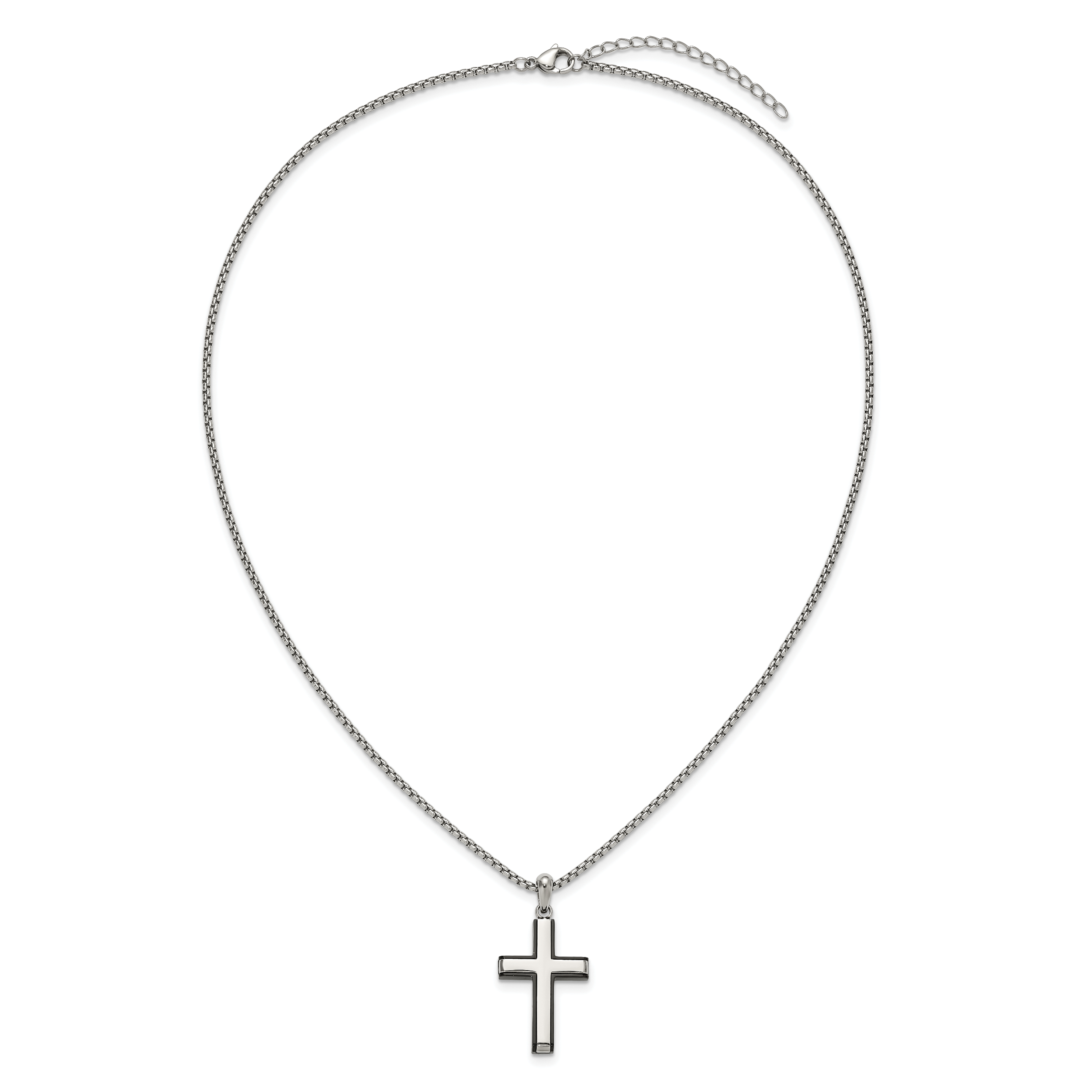 Men's Black Ion-Plated Polished Cross Stainless Steel Box Chain Necklace 2mm