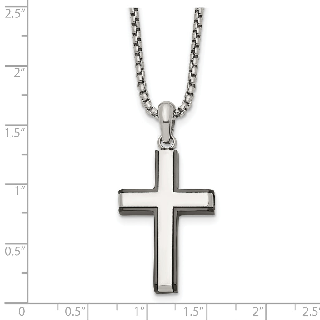 Men's Black Ion-Plated Polished Cross Stainless Steel Box Chain Necklace 2mm