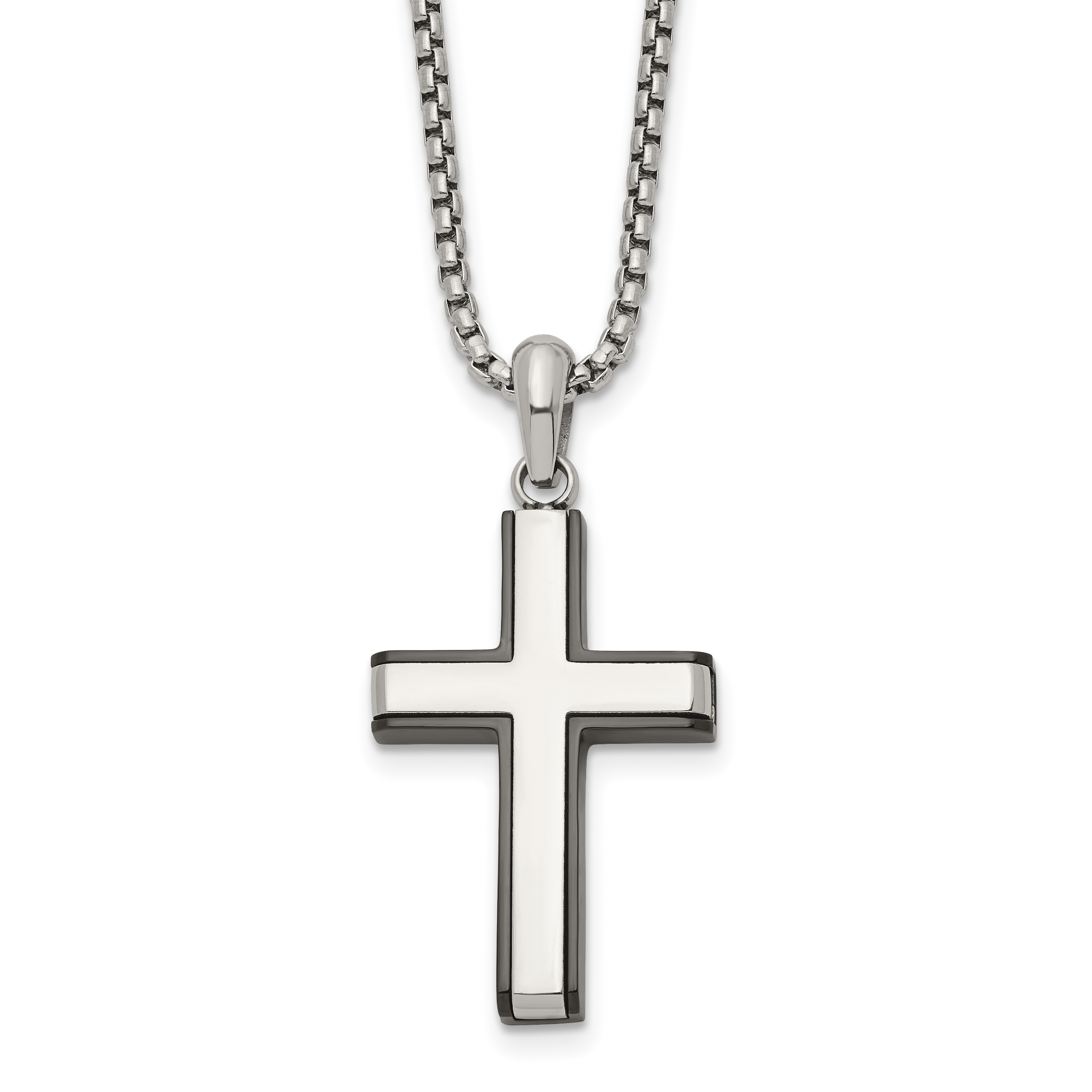 Men's Black Ion-Plated Polished Cross Stainless Steel Box Chain Necklace 2mm Main image