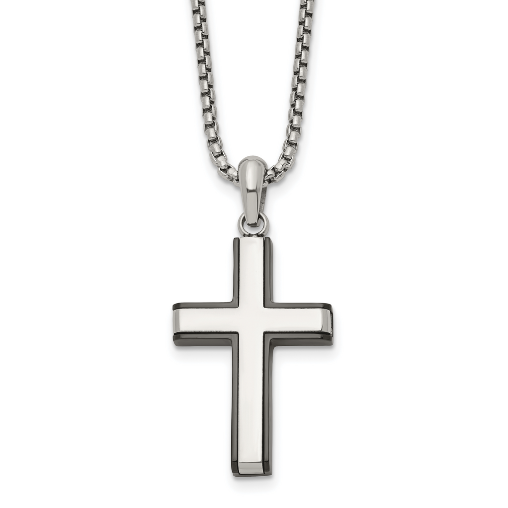 Men's Black Ion-Plated Polished Cross Stainless Steel Box Chain Necklace 2mm