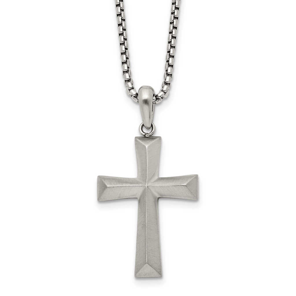 Men's Brushed Cross Stainless Steel Box Chain Necklace 1.8mm