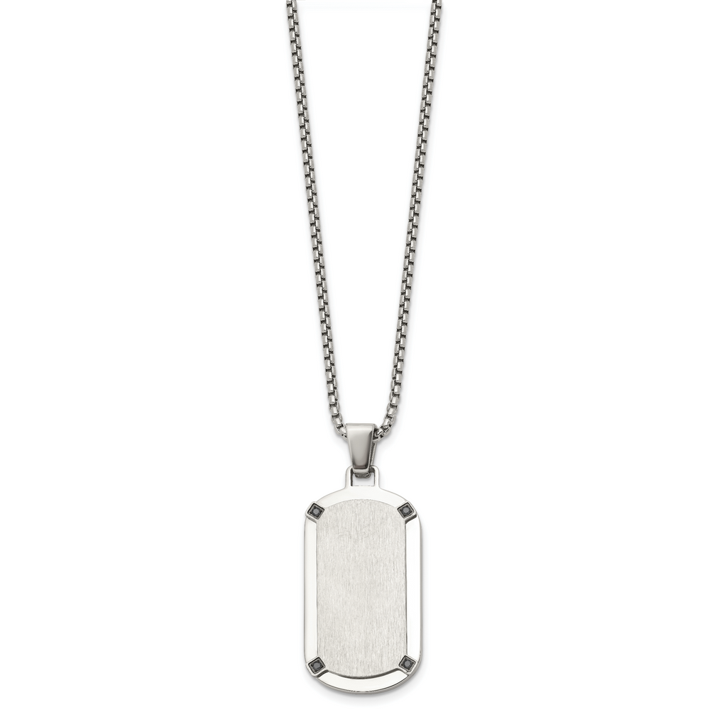 Men's Brushed and Polished Black Cubic Zirconia Dog Tag Stainless Steel Box Chain Pendant Necklace 1.8mm