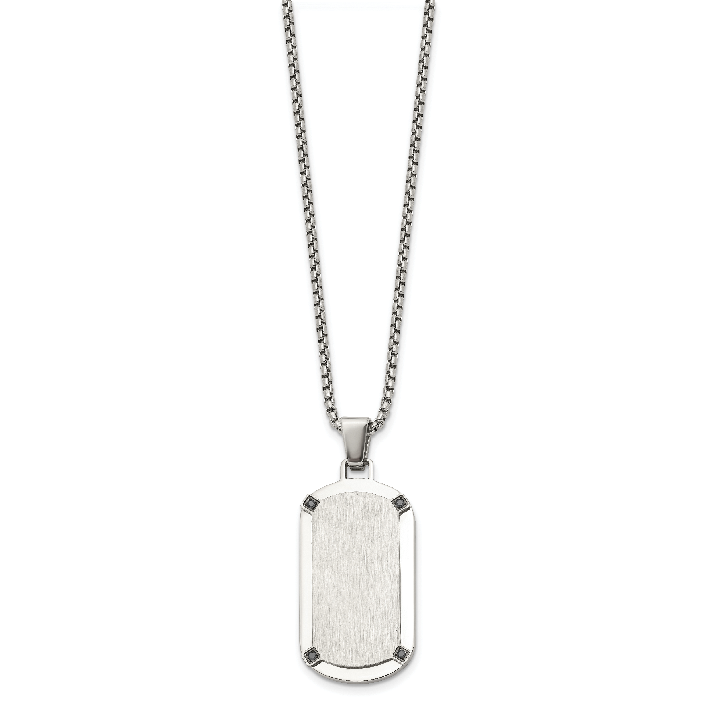Men's Brushed and Polished Black Cubic Zirconia Dog Tag Stainless Steel Box Chain Pendant Necklace 1.8mm