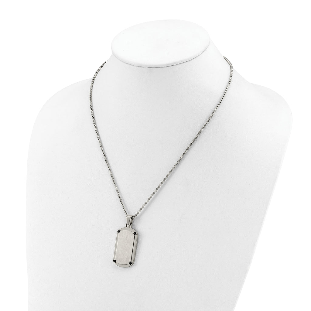 Men's Brushed and Polished Black Cubic Zirconia Dog Tag Stainless Steel Box Chain Pendant Necklace 1.8mm