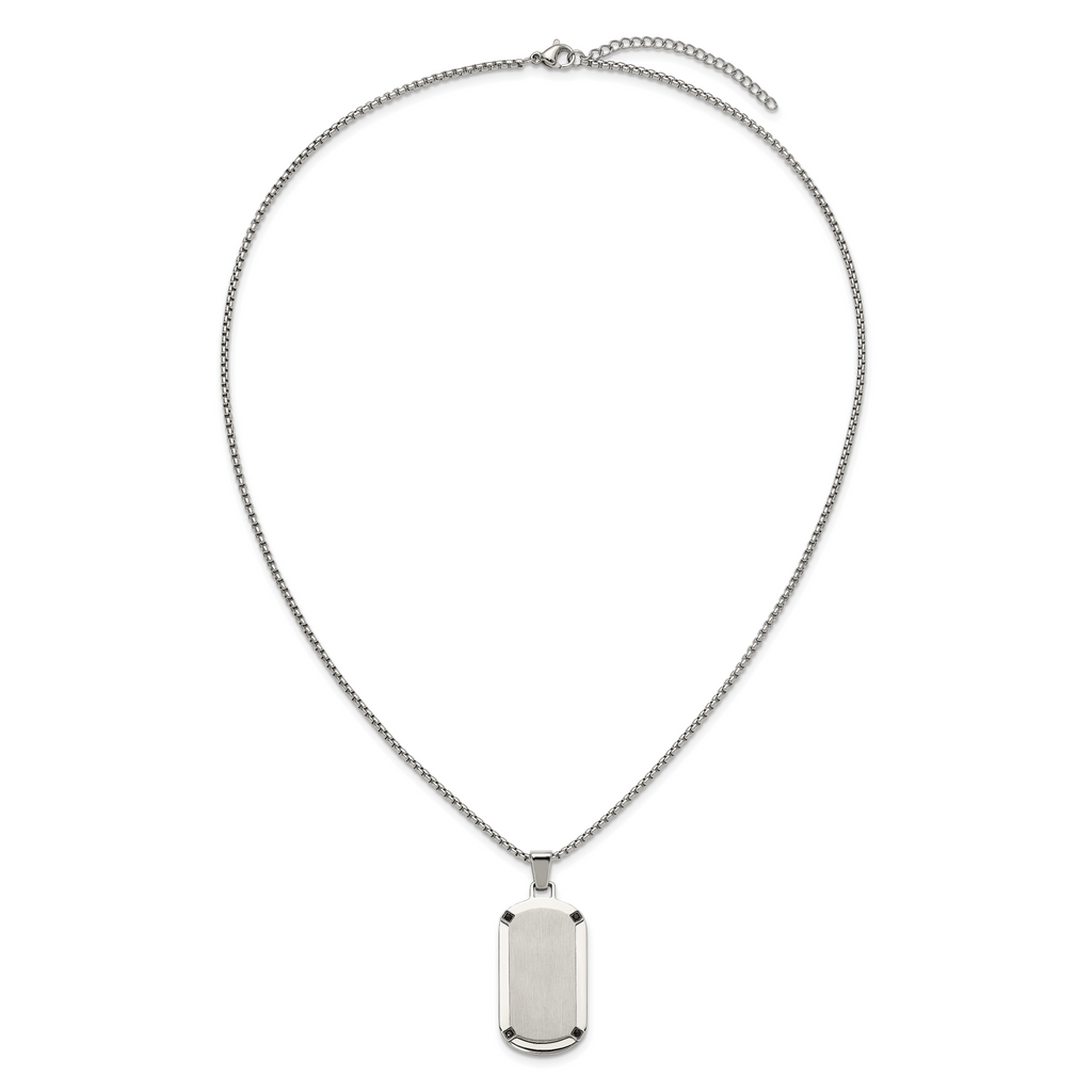 Men's Brushed and Polished Black Cubic Zirconia Dog Tag Stainless Steel Box Chain Pendant Necklace 1.8mm