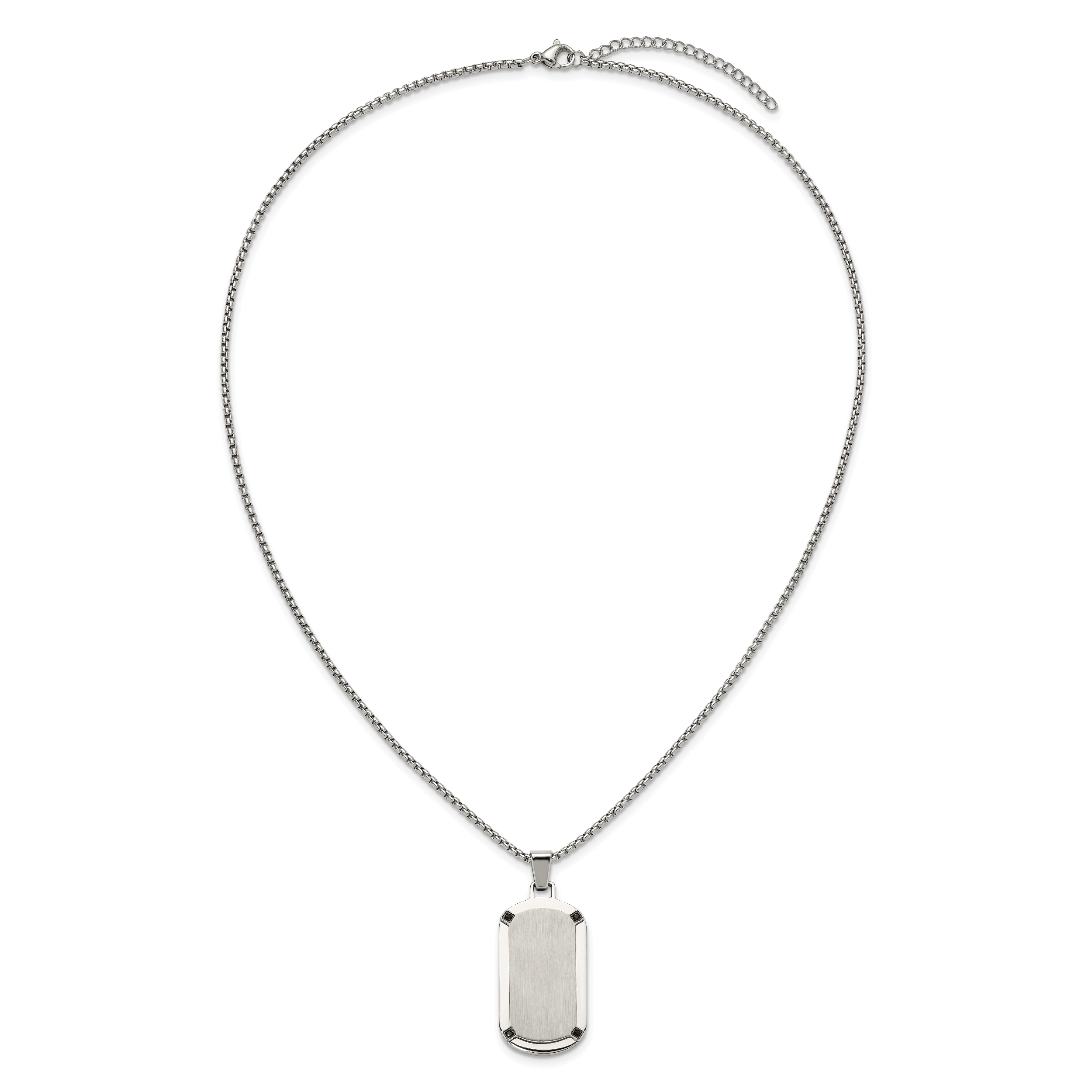 Men's Brushed and Polished Black Cubic Zirconia Dog Tag Stainless Steel Box Chain Pendant Necklace 1.8mm
