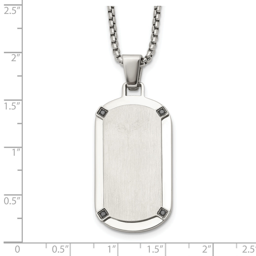 Men's Brushed and Polished Black Cubic Zirconia Dog Tag Stainless Steel Box Chain Pendant Necklace 1.8mm