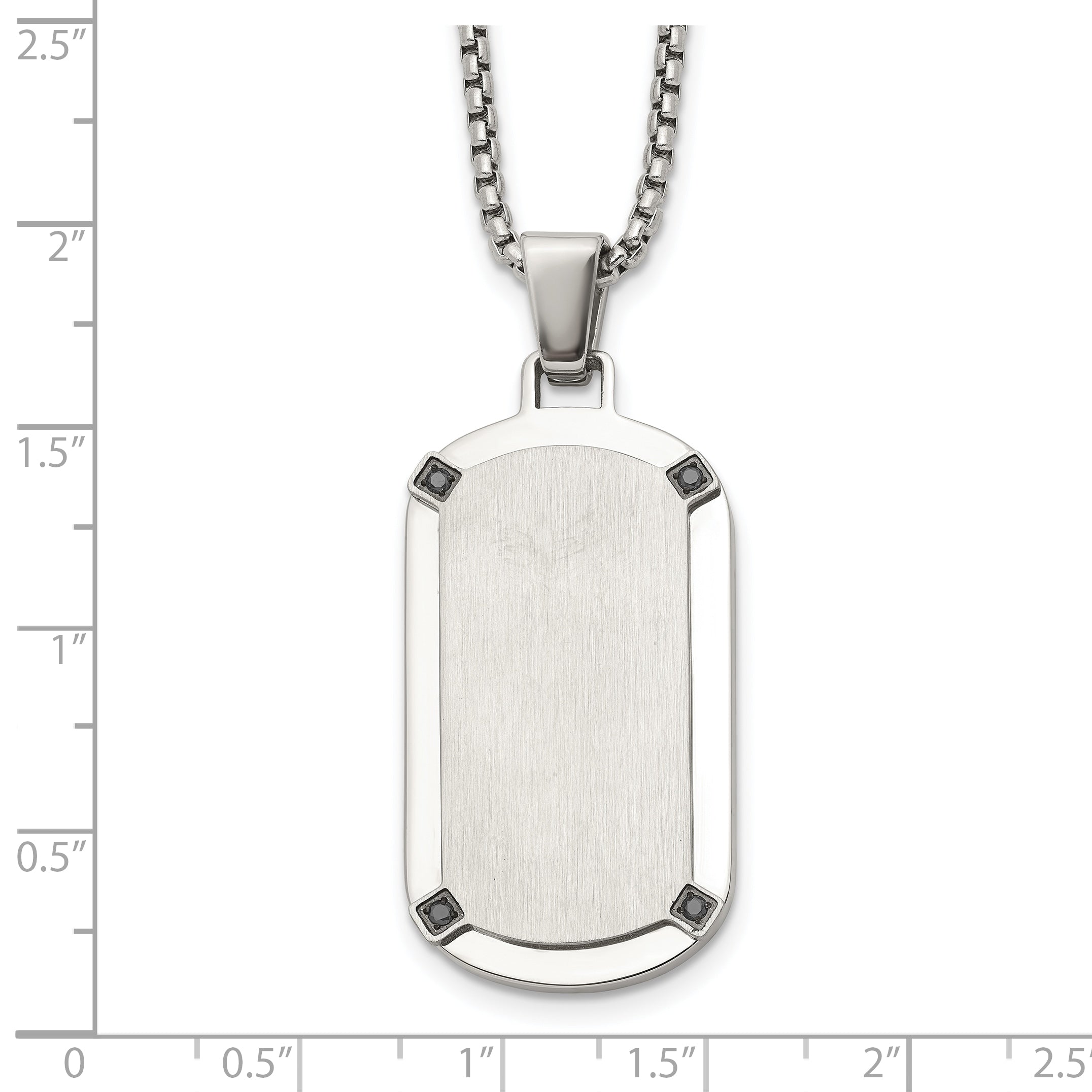 Men's Brushed and Polished Black Cubic Zirconia Dog Tag Stainless Steel Box Chain Pendant Necklace 1.8mm