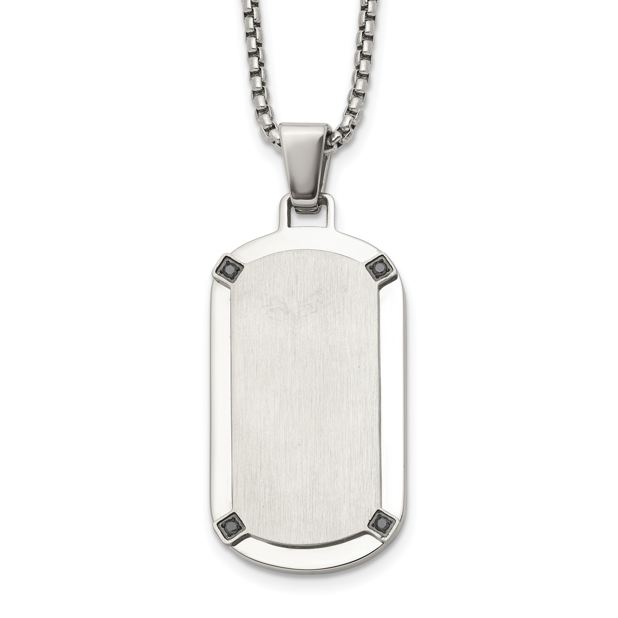Men's Brushed and Polished Black Cubic Zirconia Dog Tag Stainless Steel Box Chain Pendant Necklace 1.8mm