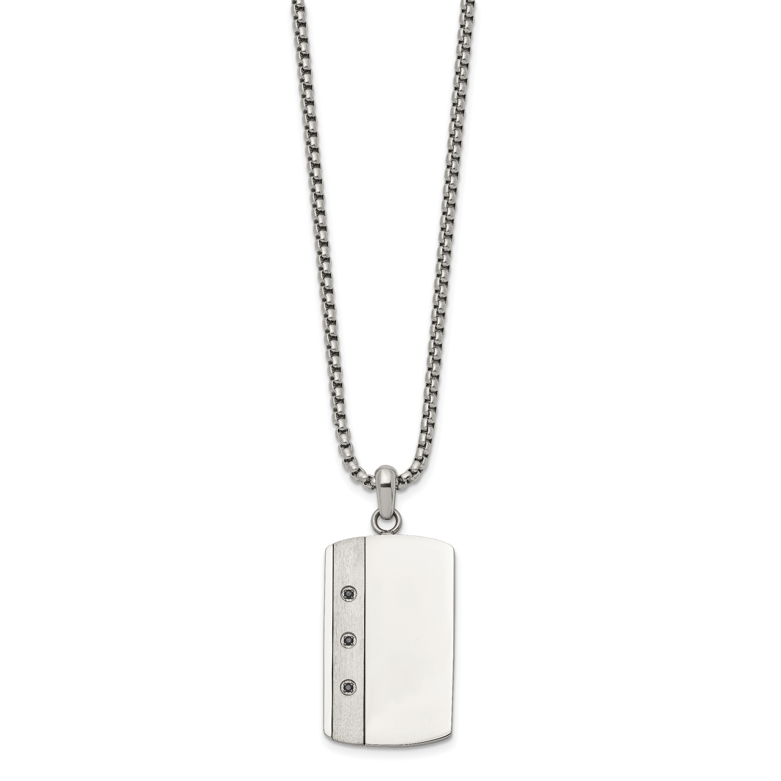 Men's Brushed and Polished Black Cubic Zirconia Dog Tag Stainless Steel Box Chain Pendant Necklace 1.8mm 20in