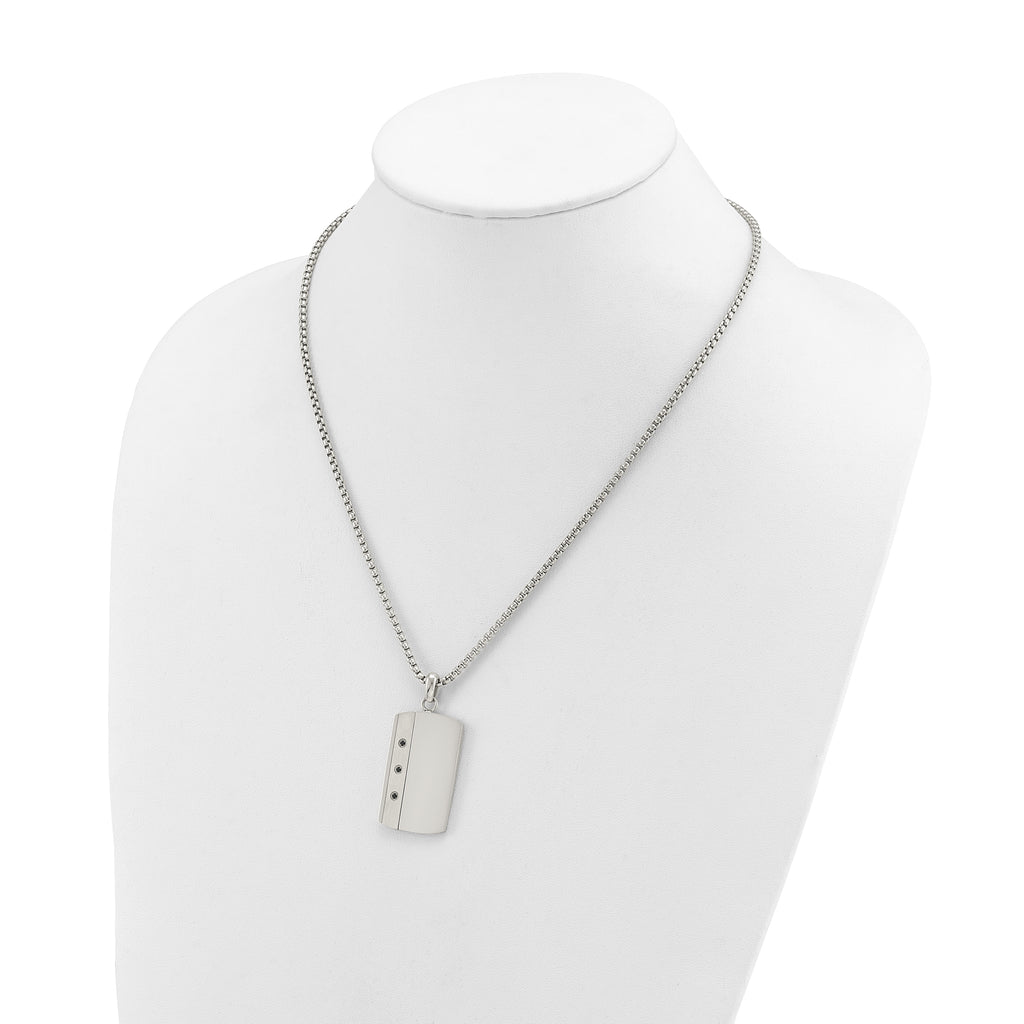 Men's Brushed and Polished Black Cubic Zirconia Dog Tag Stainless Steel Box Chain Pendant Necklace 1.8mm 20in