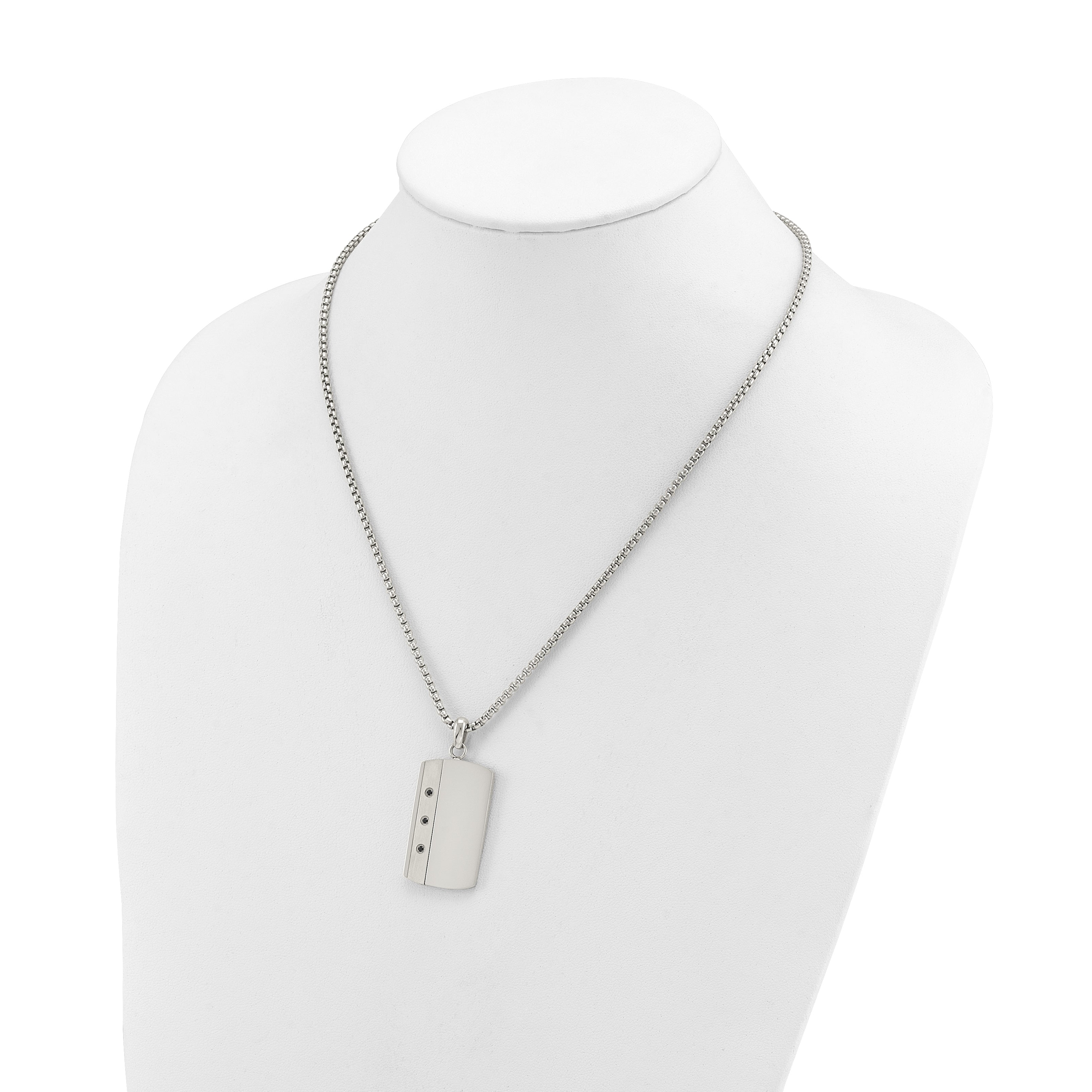 Men's Brushed and Polished Black Cubic Zirconia Dog Tag Stainless Steel Box Chain Pendant Necklace 1.8mm 20in