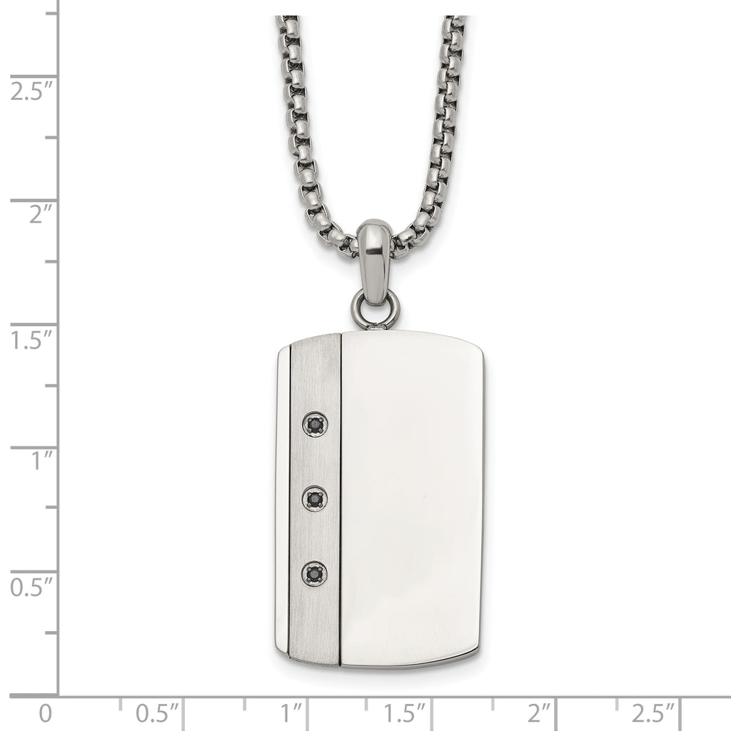 Men's Brushed and Polished Black Cubic Zirconia Dog Tag Stainless Steel Box Chain Pendant Necklace 1.8mm 20in