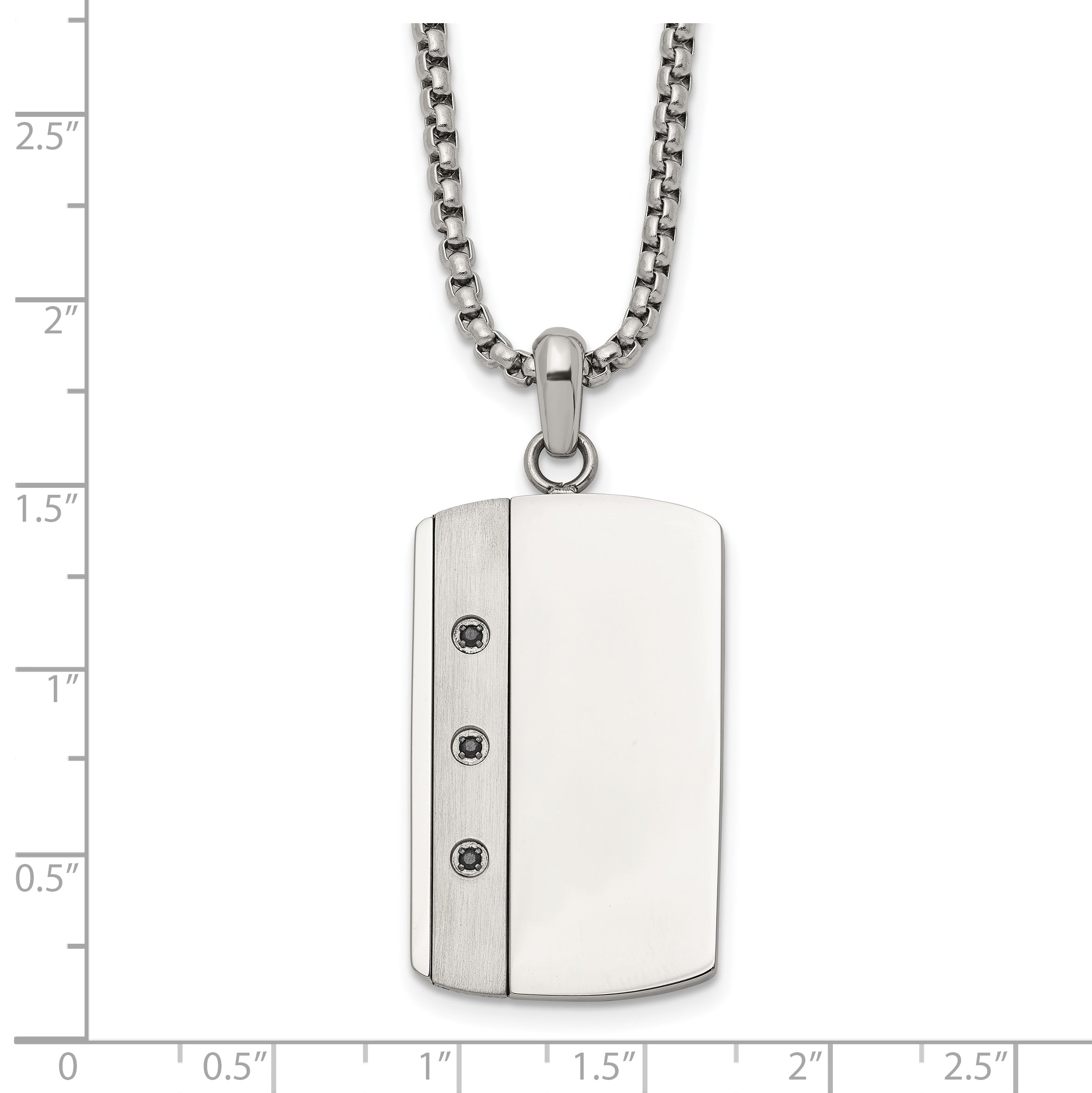 Men's Brushed and Polished Black Cubic Zirconia Dog Tag Stainless Steel Box Chain Pendant Necklace 1.8mm 20in